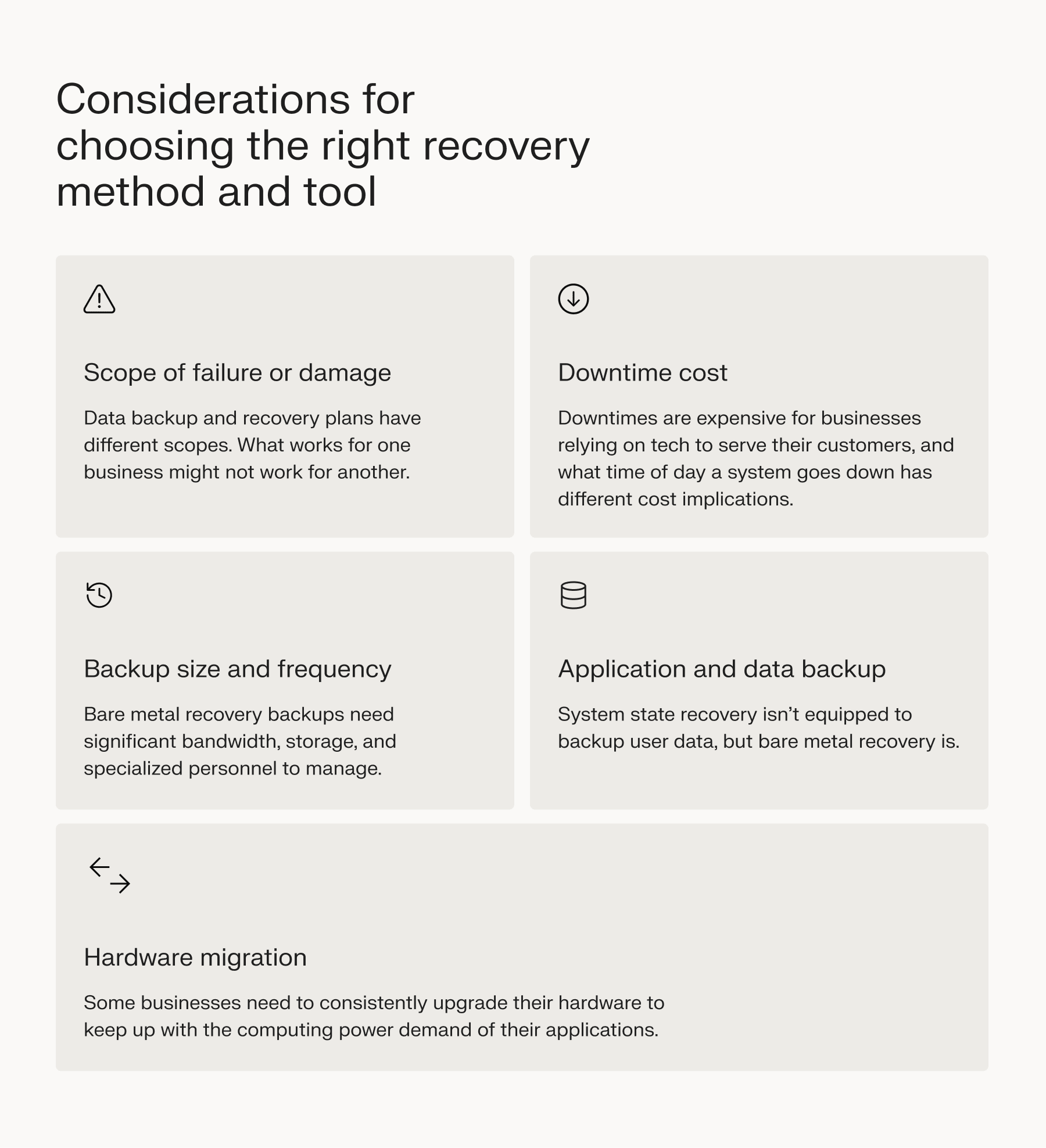 Considerations for choosing the right recovery method and tool.