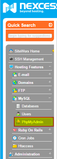 phpMyAdmin on the Left Menu