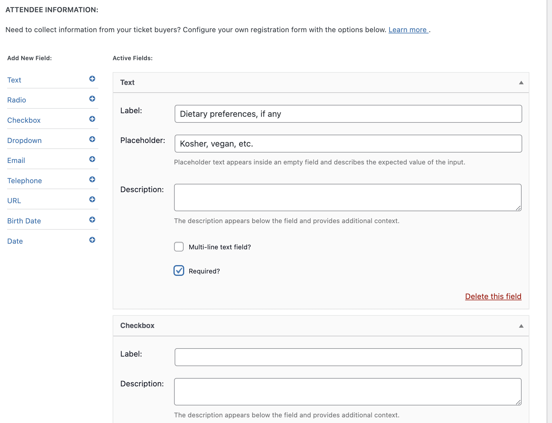 Custom registration fields in Event Tickets Plus