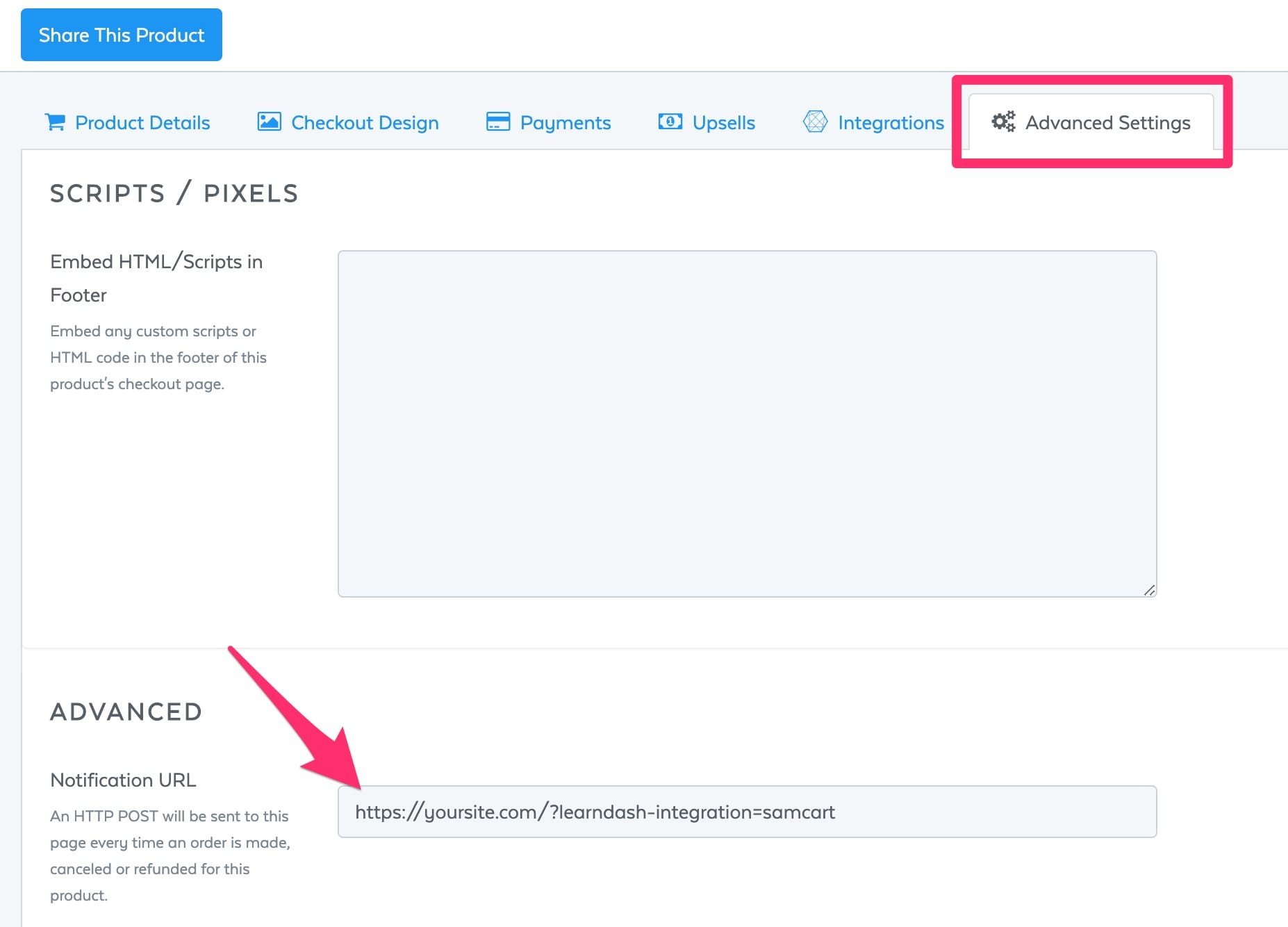 SamCart notification URL setting