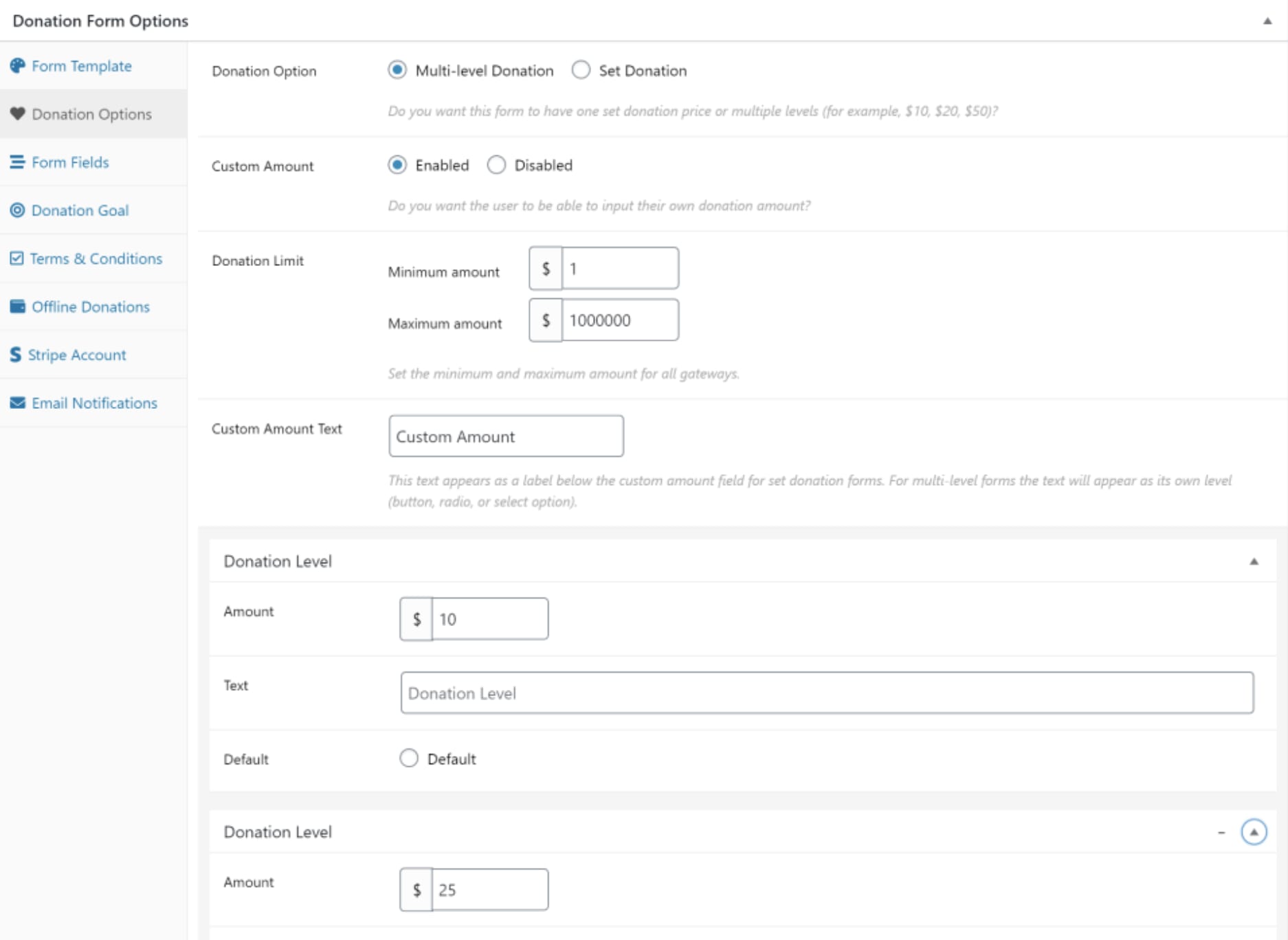 Custom donation amount fields in Admin view