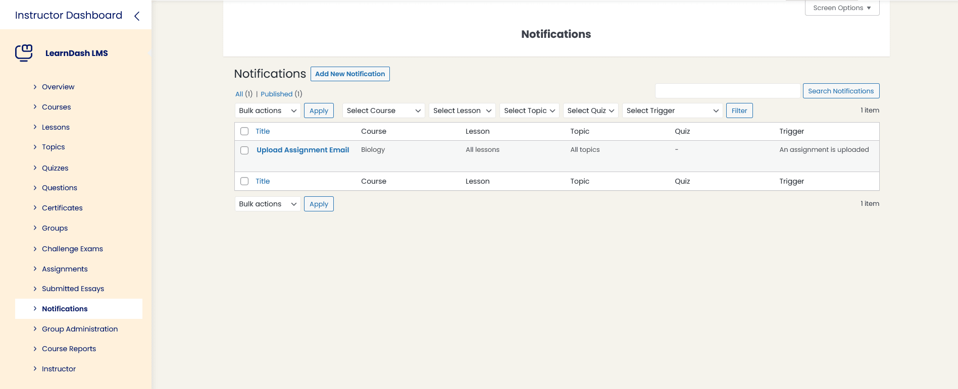 Notifications menu view on Instructor Dashboard