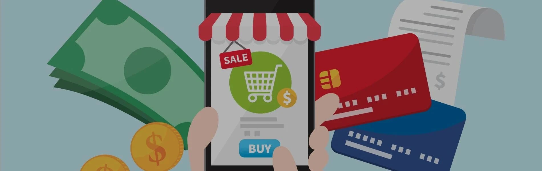 A graphic of a hand holding a phone, credit cards, a receipt, coins, and some dollar bills.