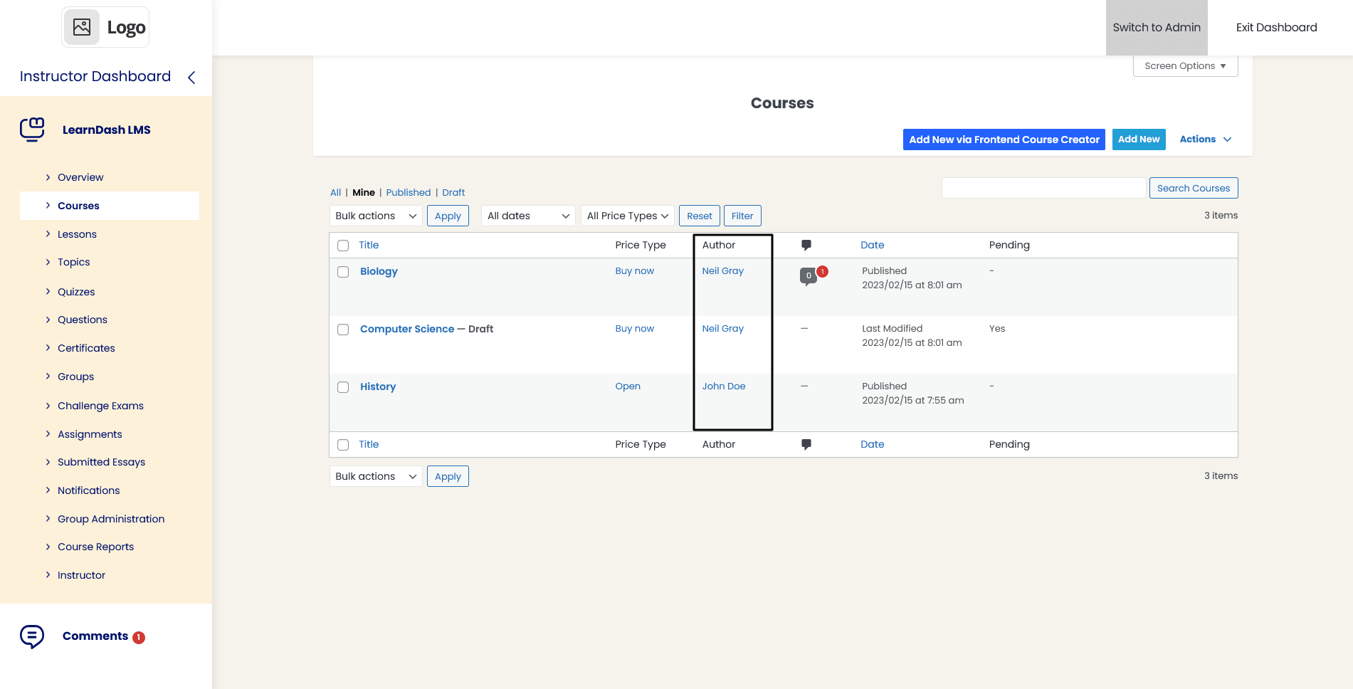 Course Listing page on Instructor dashboard