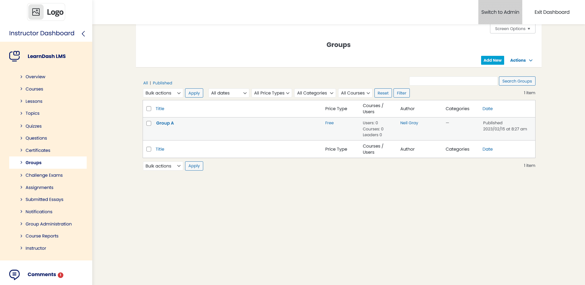 Group listing screen on Instructor Dashboard