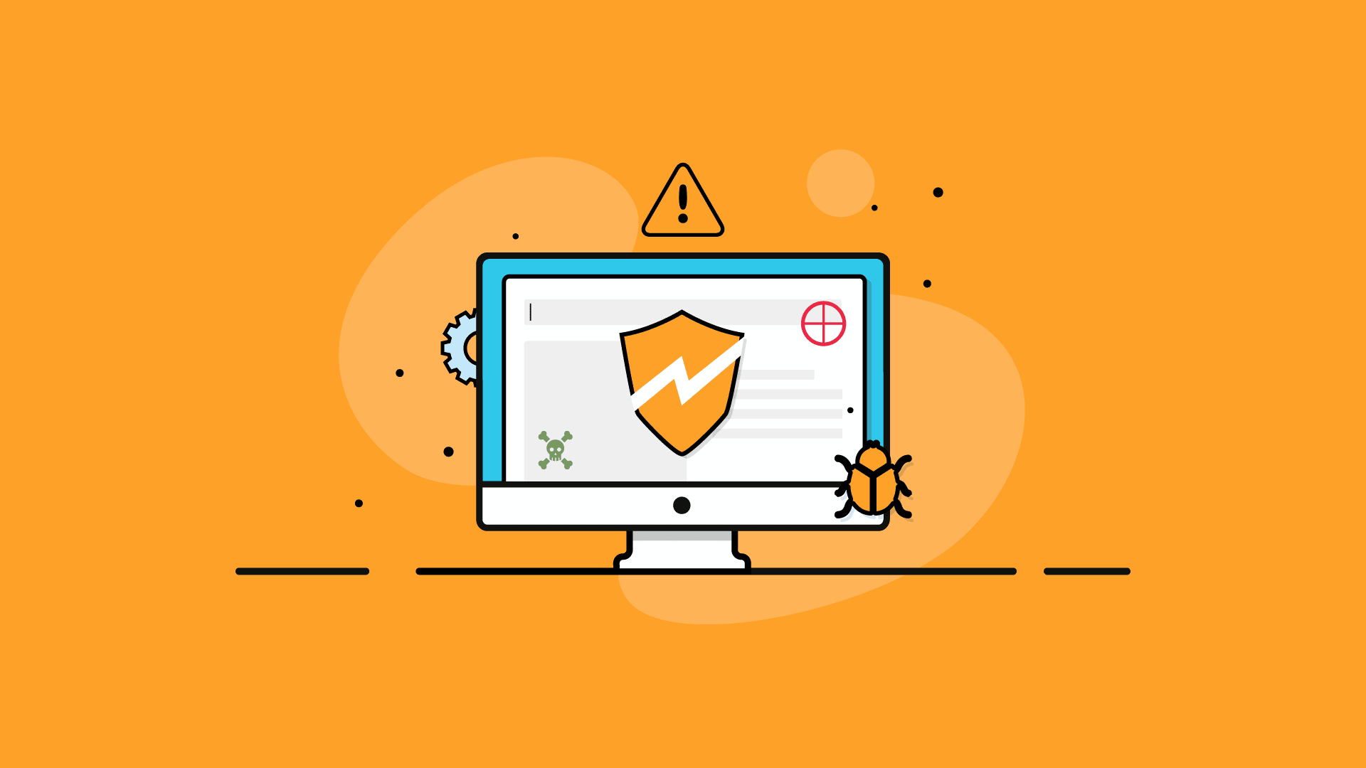 A computer riddled with security issue alerts. There is a large, orange shield with a slash in the middle of the screen. Surrounding it are a red target, a green skull and crossbones, an orange �bug�, a triangle with an explanation point in the middle and a gray gear.