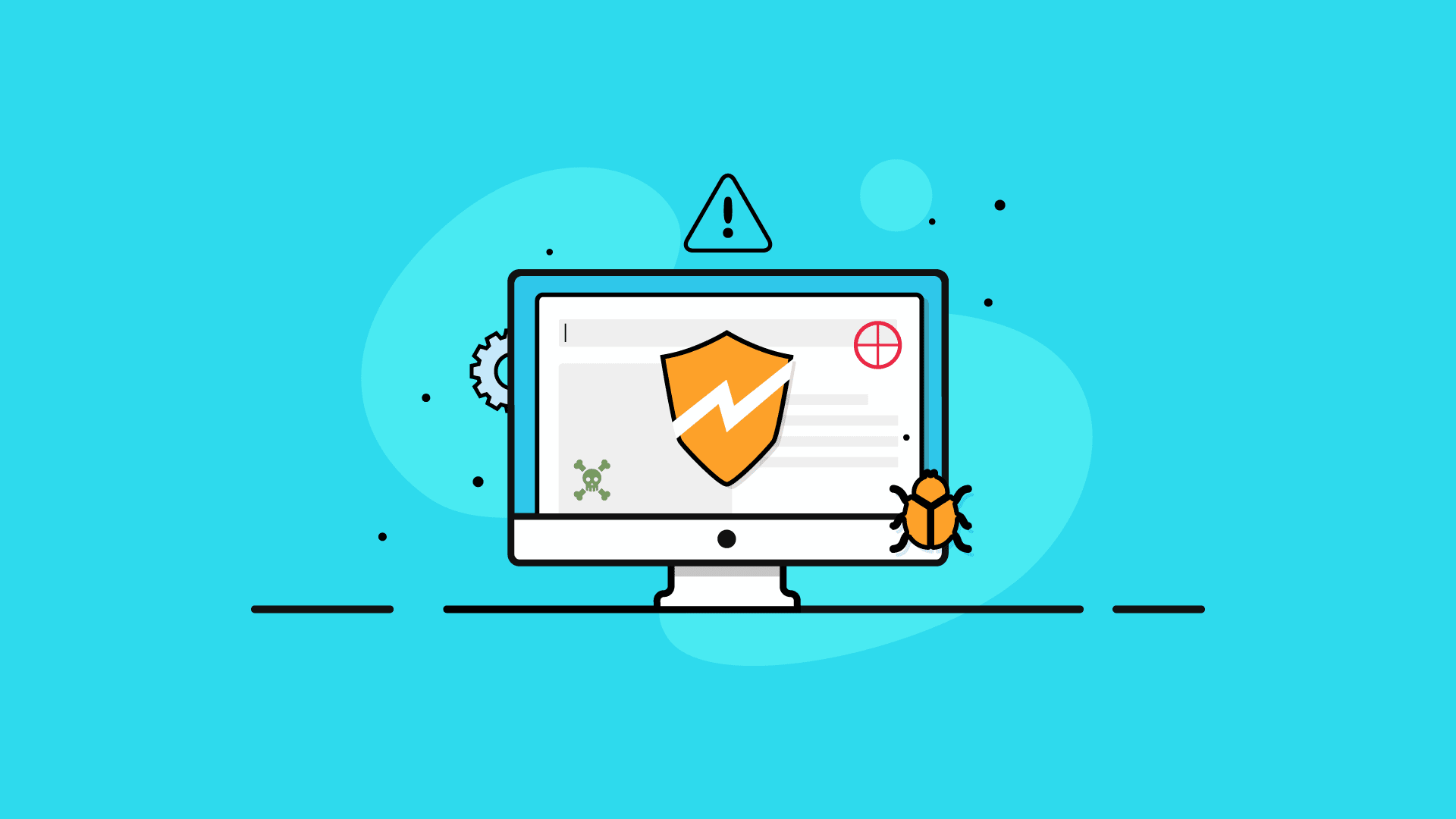 A computer riddled with security issue alerts. There is a large, orange shield with a slash in the middle of the screen. Surrounding it are a red target, a green skull and crossbones, an orange �bug�, a triangle with an explanation point in the middle and a gray gear.
