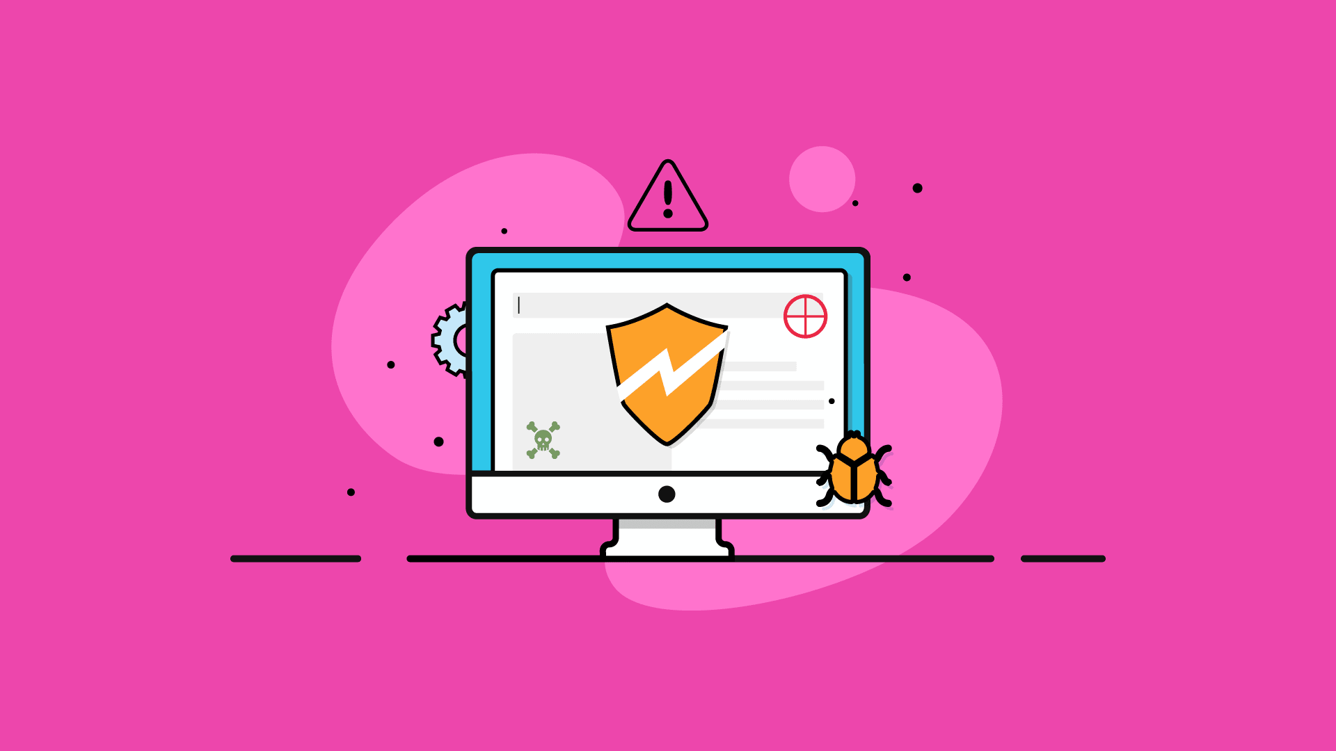 A security-riddled computer monitor. There is a large, orange shield with a slash in the middle of the screen. Surrounding it are a red target, a green skull and crossbones, an orange �bug�, a triangle with an explanation point in the middle and a gray gear.