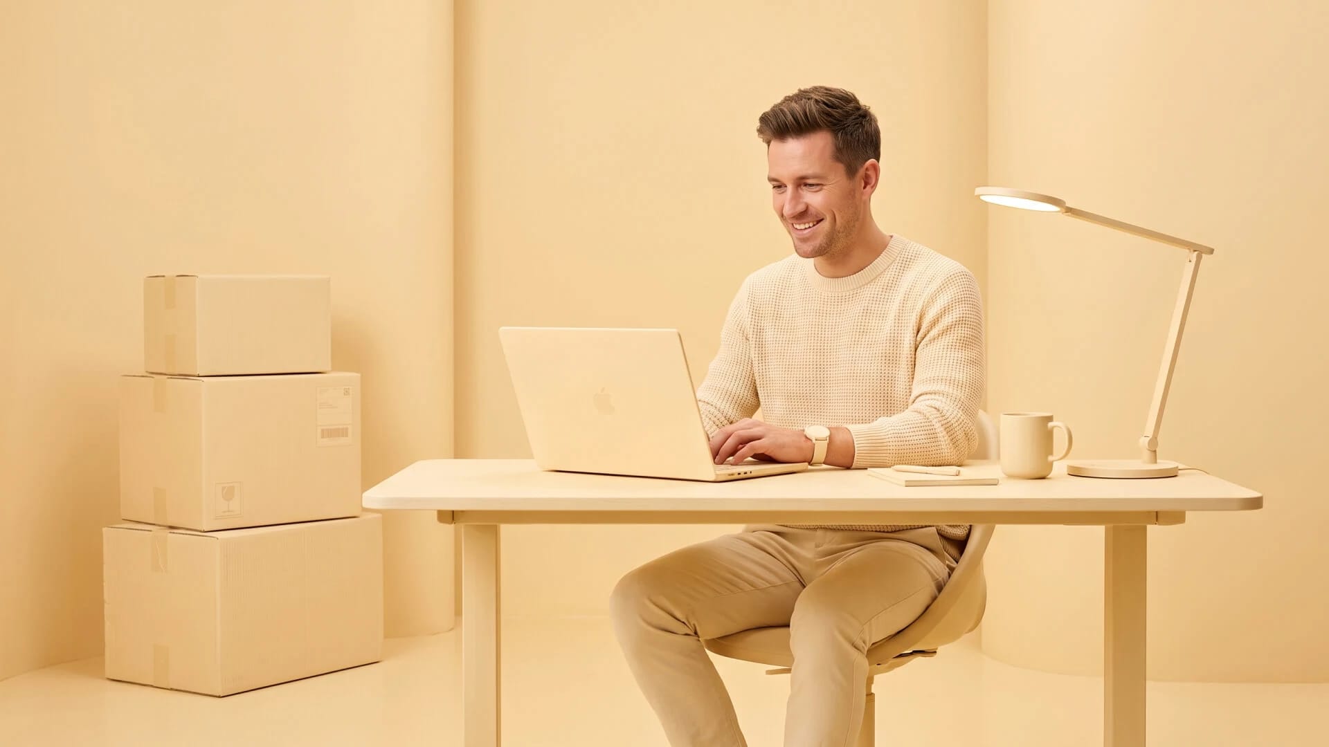White guy in a canary yellow room, wearing canary yellow sitting at a canary yellow desk and laptop computer.