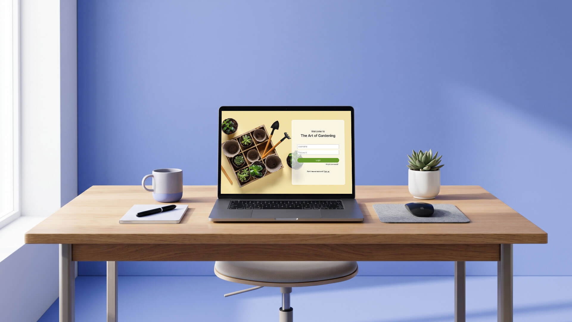 Long rectangular desk with a laptop in the middle