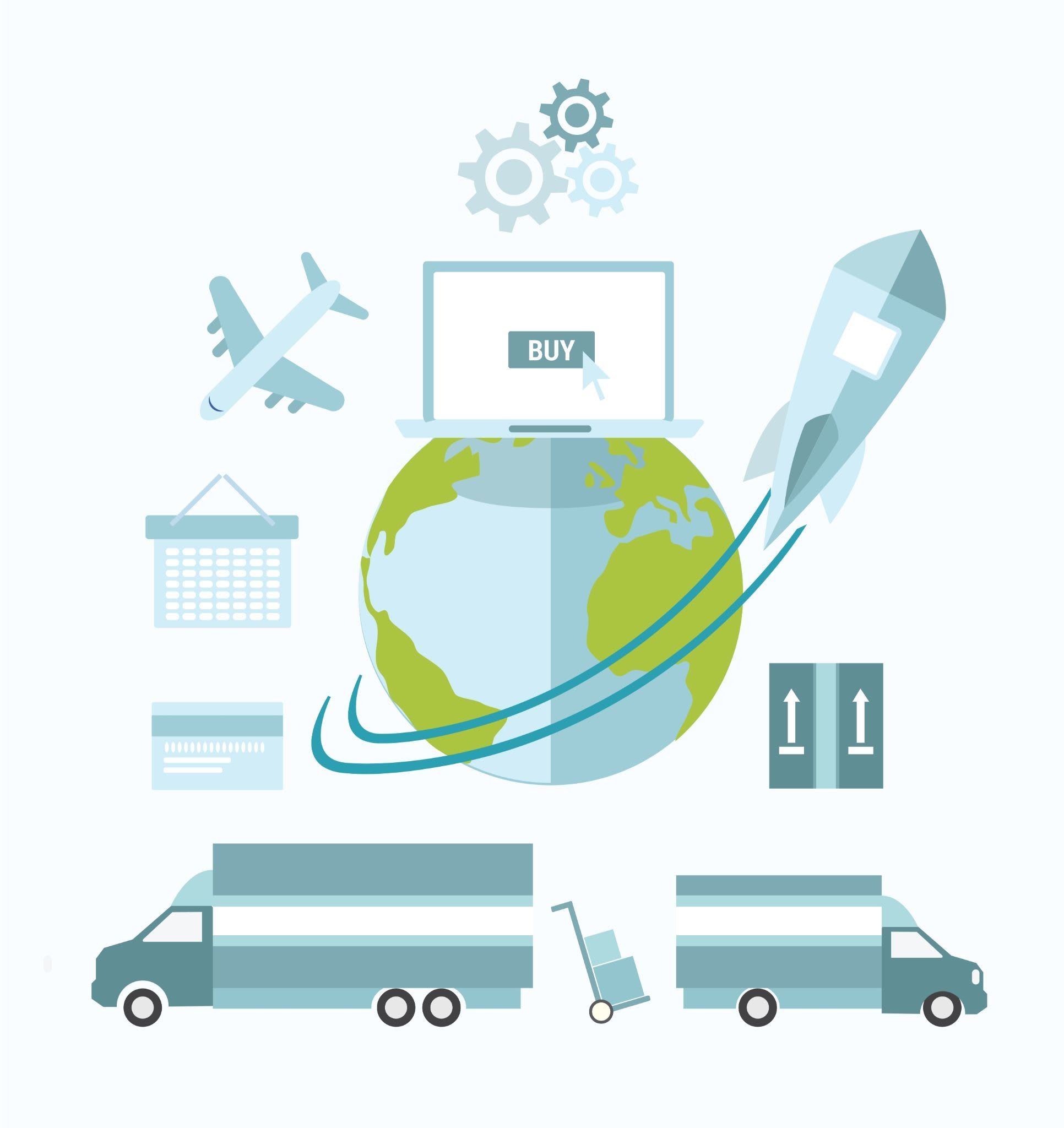 A collage of trucks, planes, shopping baskets, rockets, gears, and a computer over the earth.