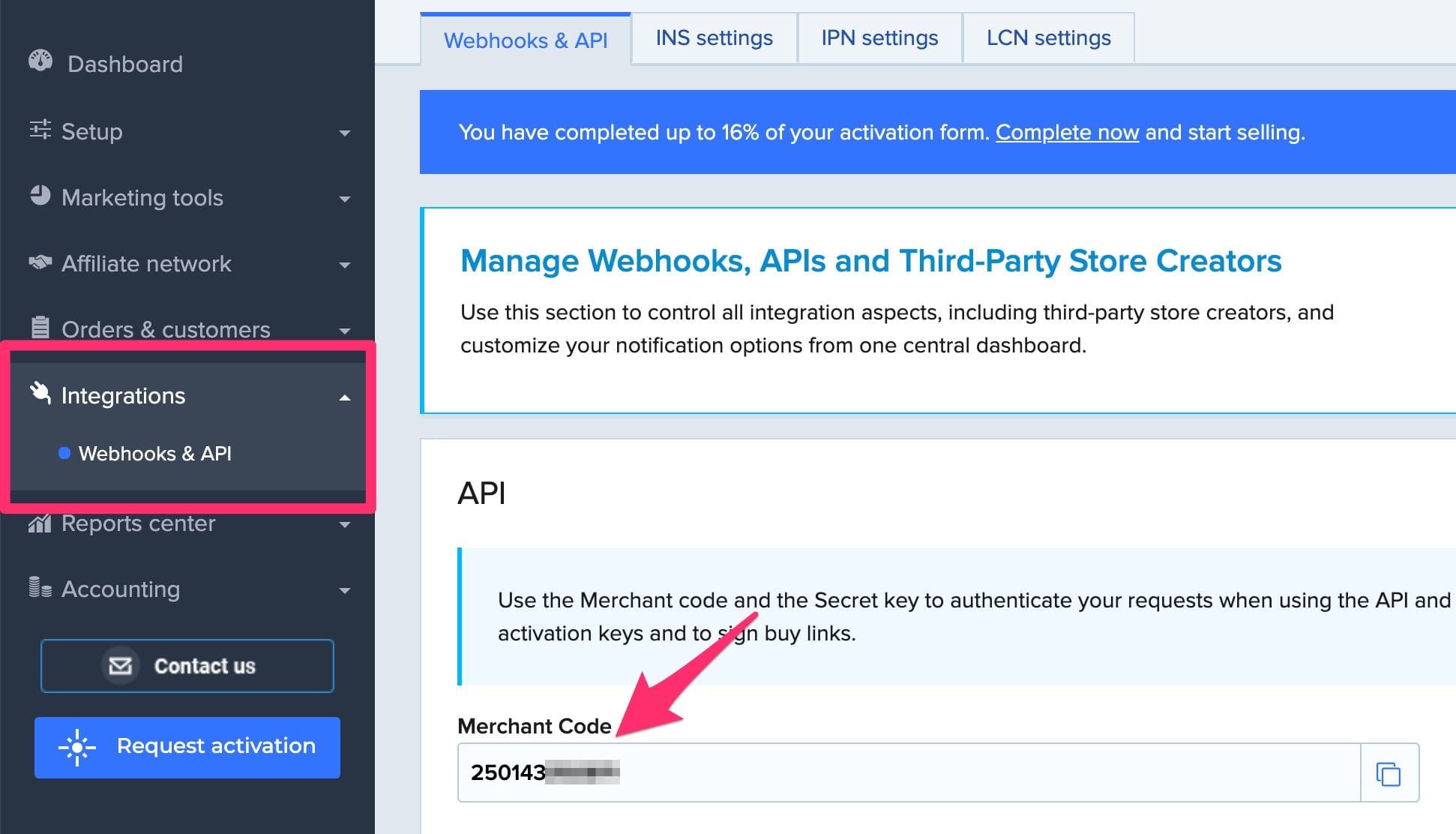 2Checkout Merchant Code in dashboard