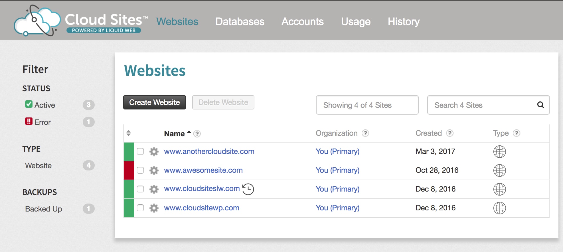 cloud sites control panel home
