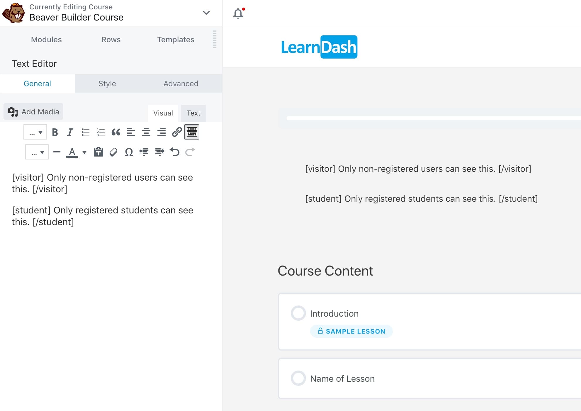 Beaver Builder student/visitor shortcode example