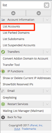 list accounts link highlighted