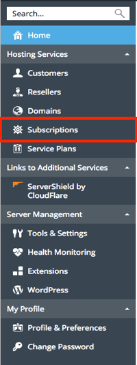 menu in service user view subscriptions highlighted