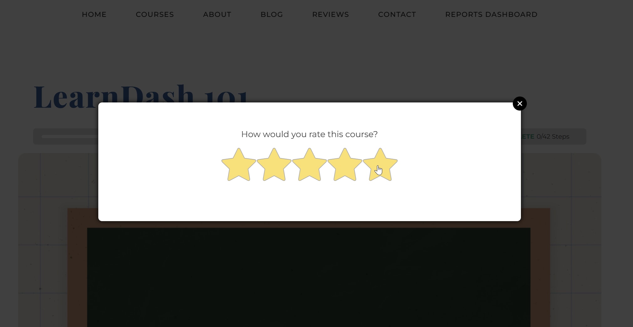 The Ratings popup on a course in the frontend. It says "How would you rate this course?" with 5 stars as hoverable options.