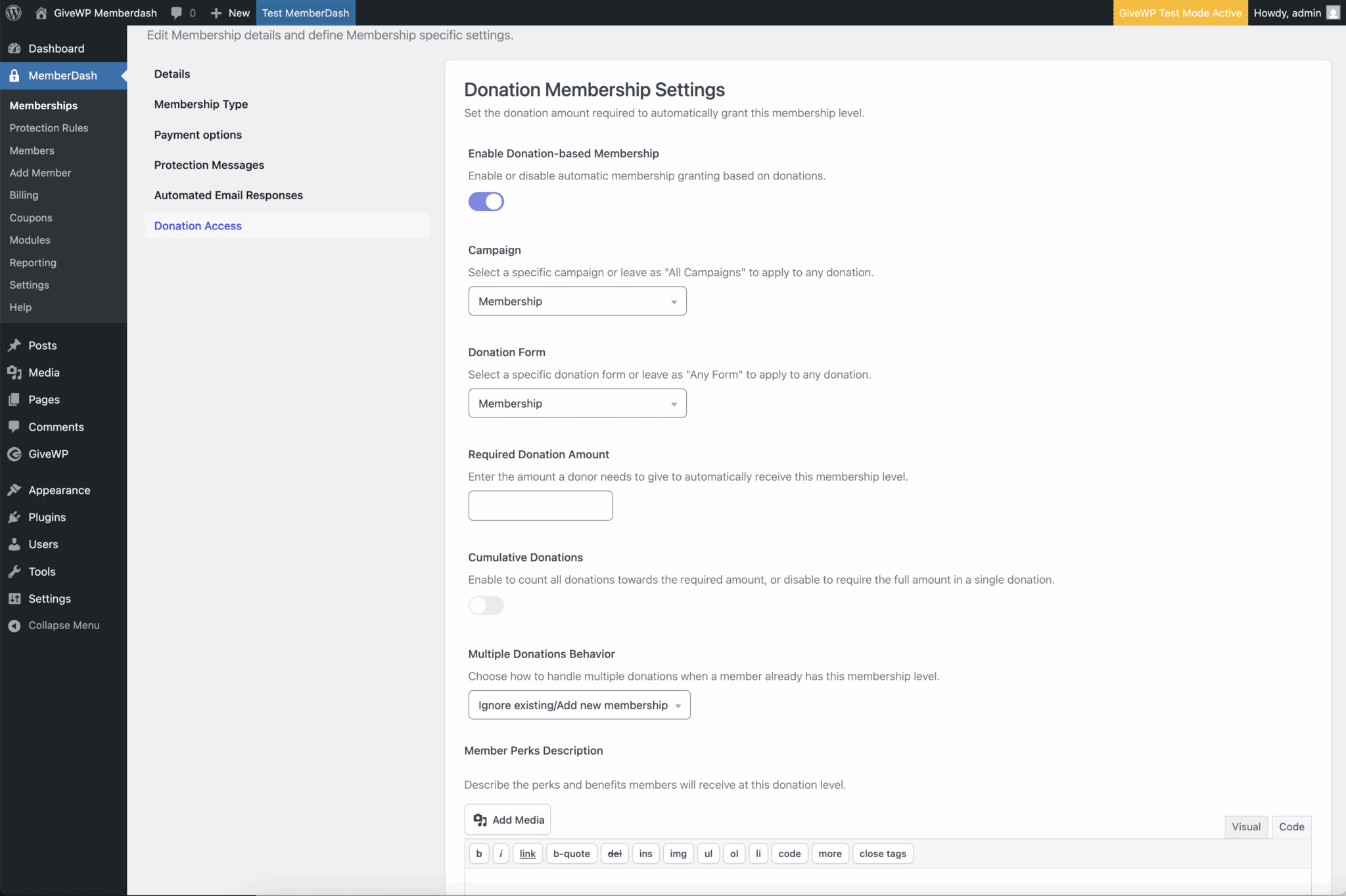 Screenshot of the GiveWP integration with MemberDash showing donation form settings for membership plans, including default donation form selection and suggested donation amounts for new members.