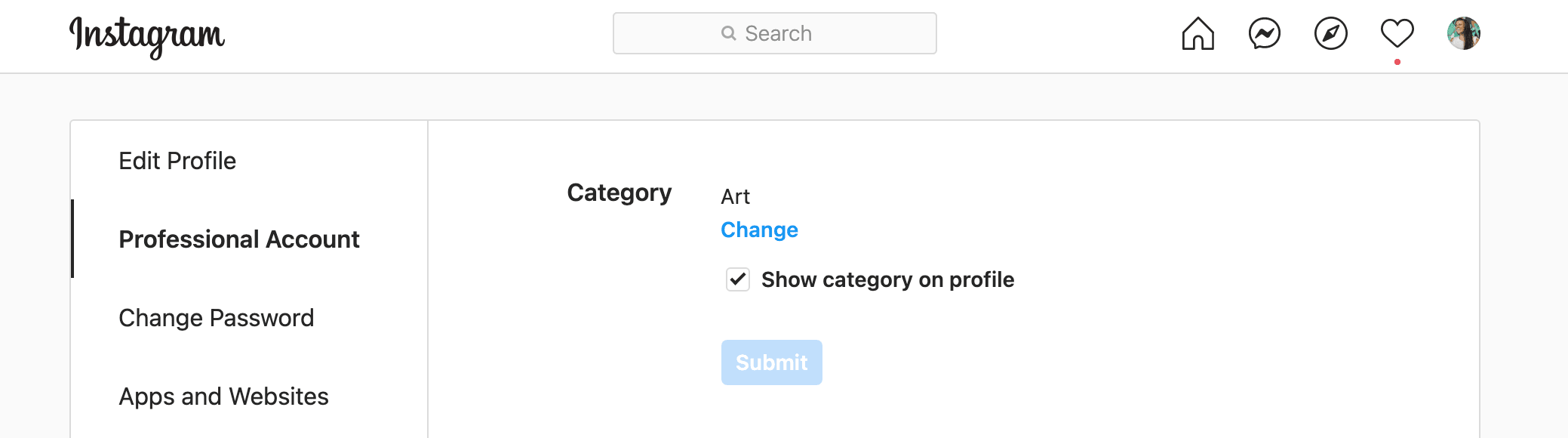 Changing your account from personal to business adds an Instagram settings section called "Professional Account" where you can choose category.