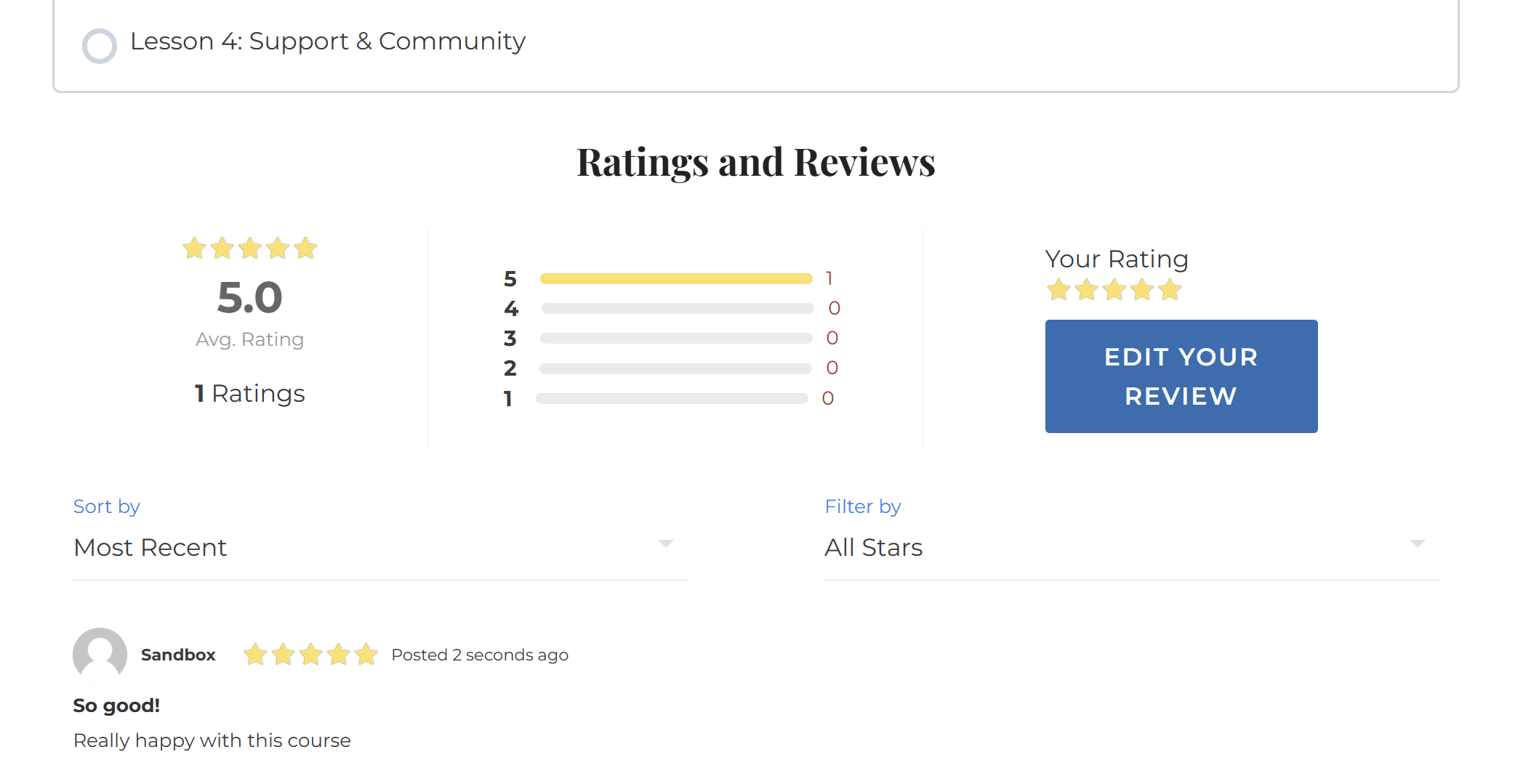 A Ratings and Reviews area below a course showing average ratings of 5.0, 1 rating, and the ability to show the most recent reviews or filter by star rating.