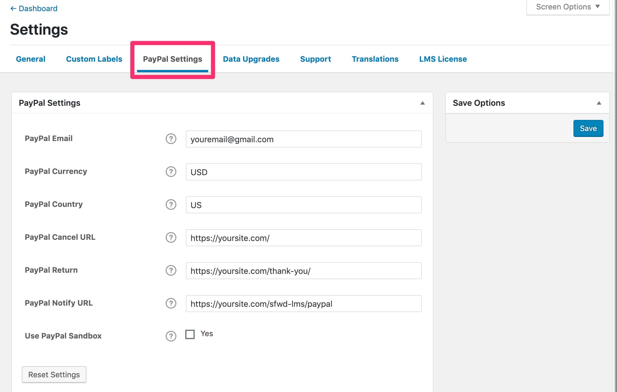 LearnDash PayPal settings
