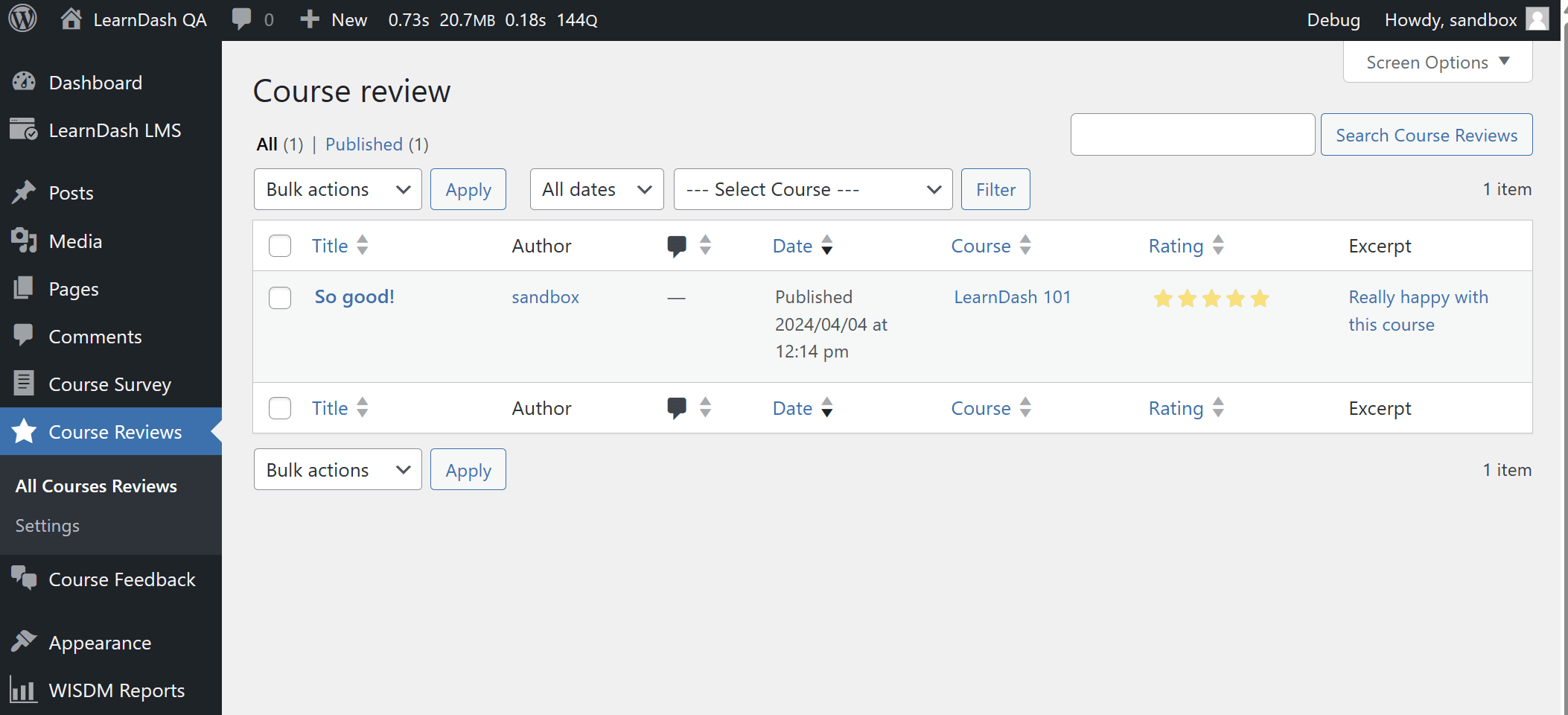 The All Course Reviews admin screen showing one review.
