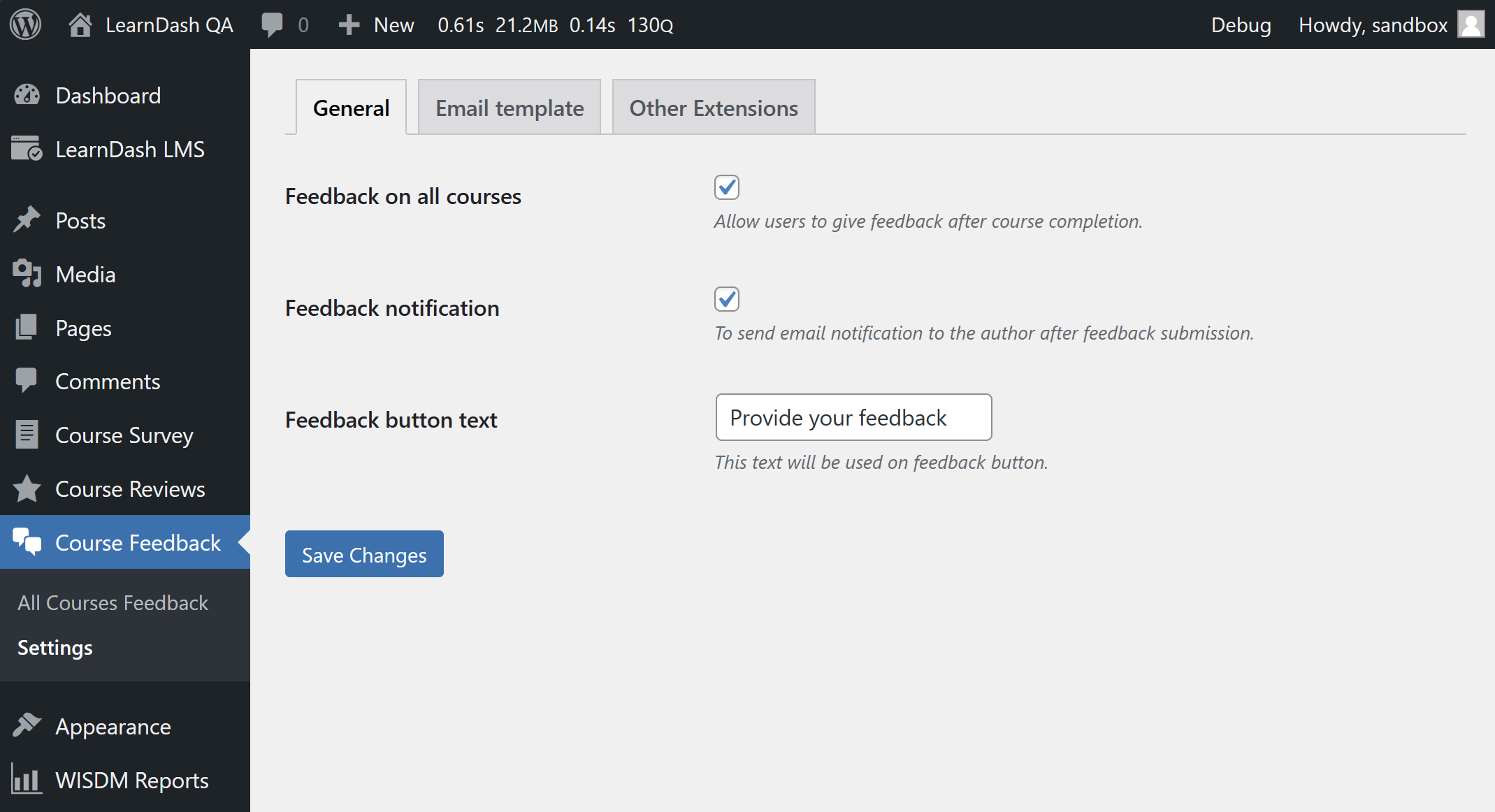 The Feedback Module settings screen showing three settings enabled: (1) Feedback on all courses (2) Feedback notification; and (3) Feedback button text