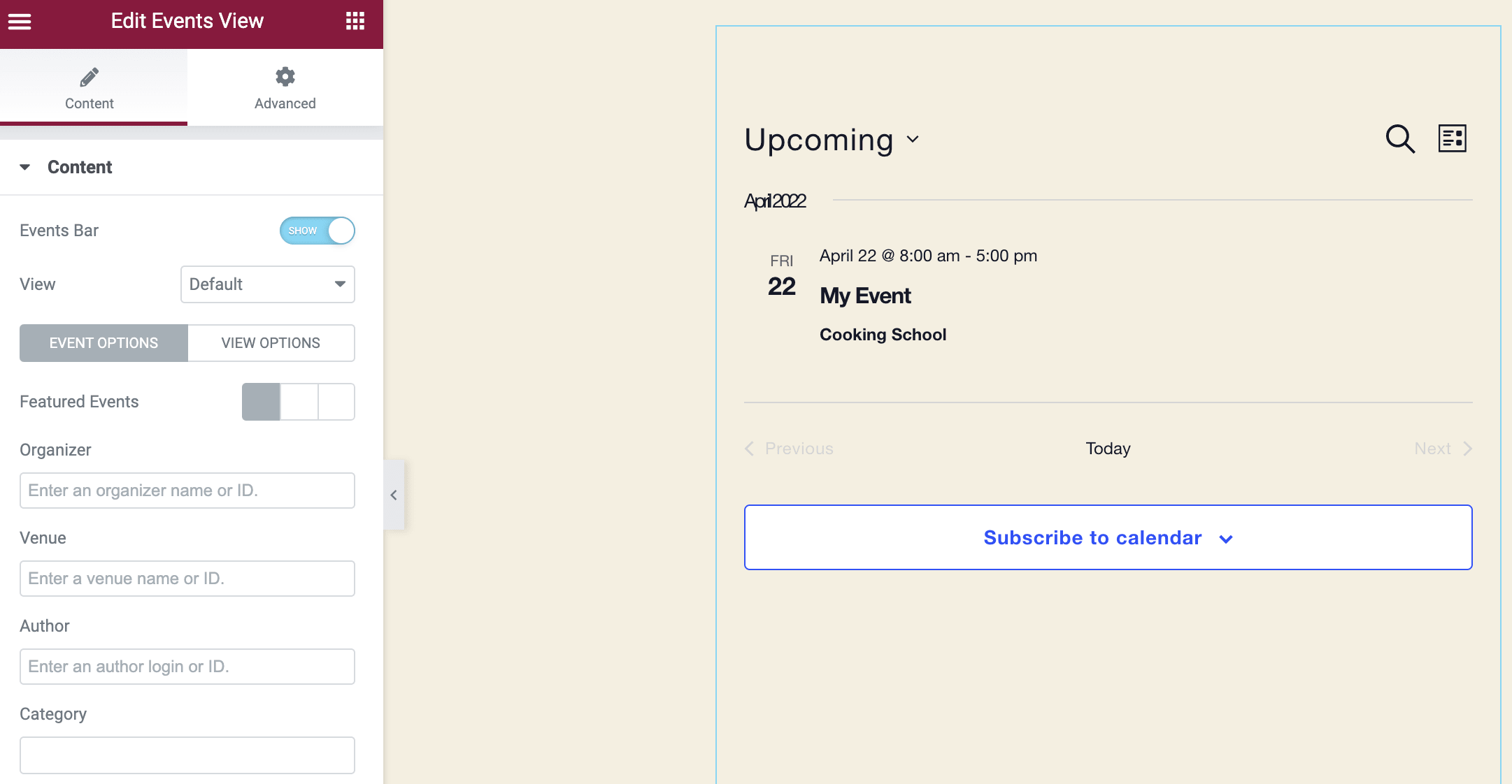 Elementor Events View widget