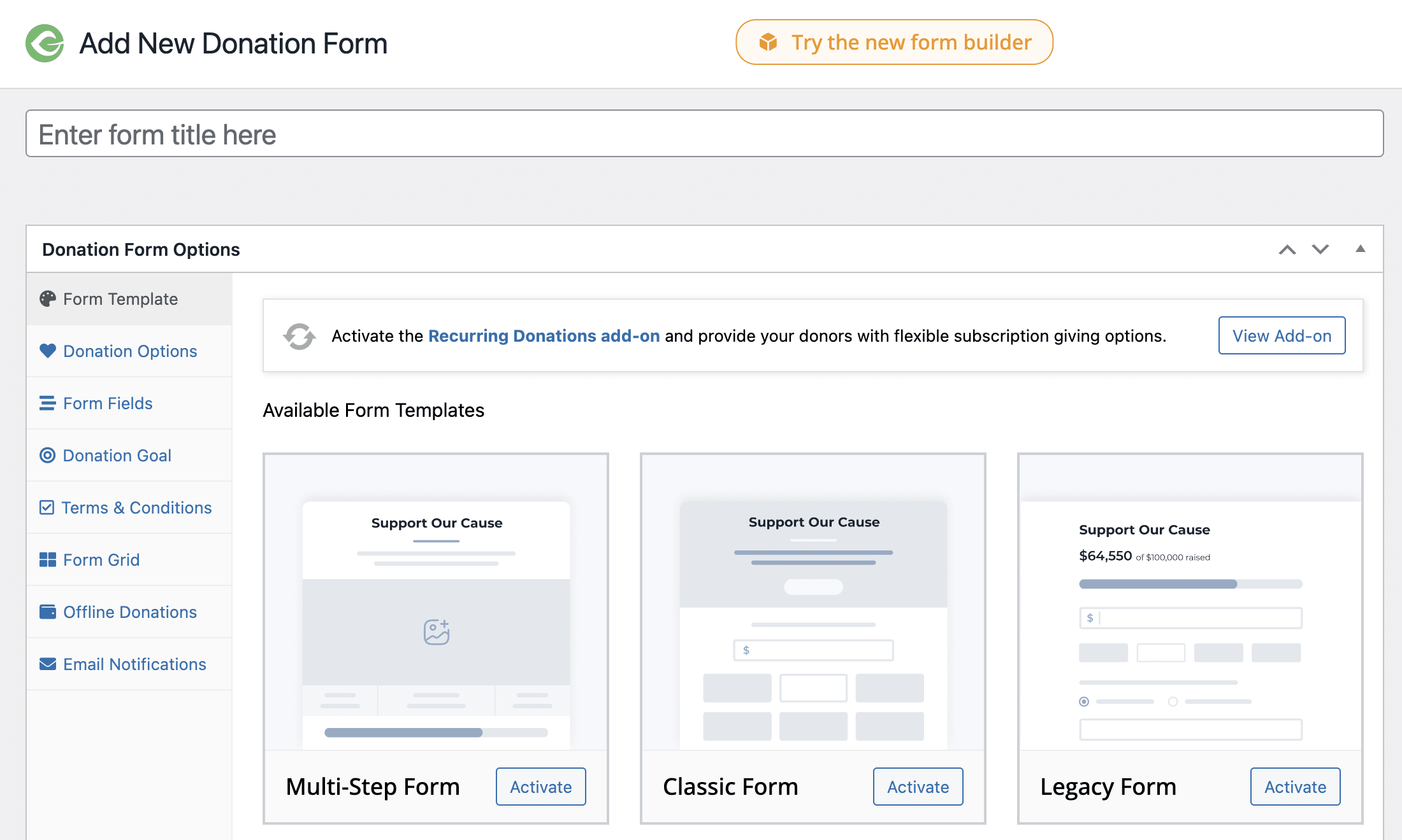 Add new donation form screen in the option-based editor with three options: multi-step, classic, and legacy