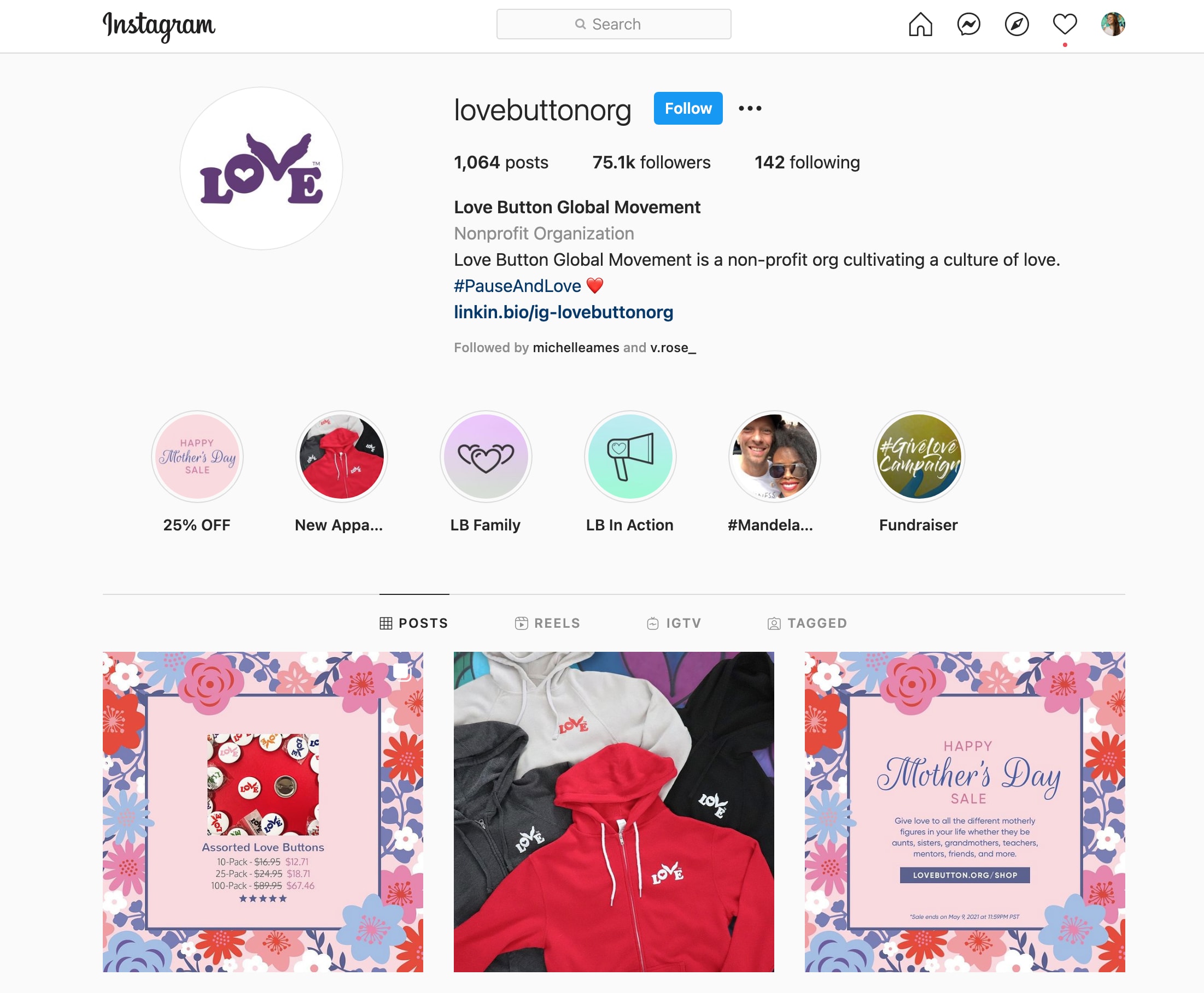 Love Button's story highlights are divided into "New Apparel," "LB Family," "LB in Action," "Fundraiser," etc.
