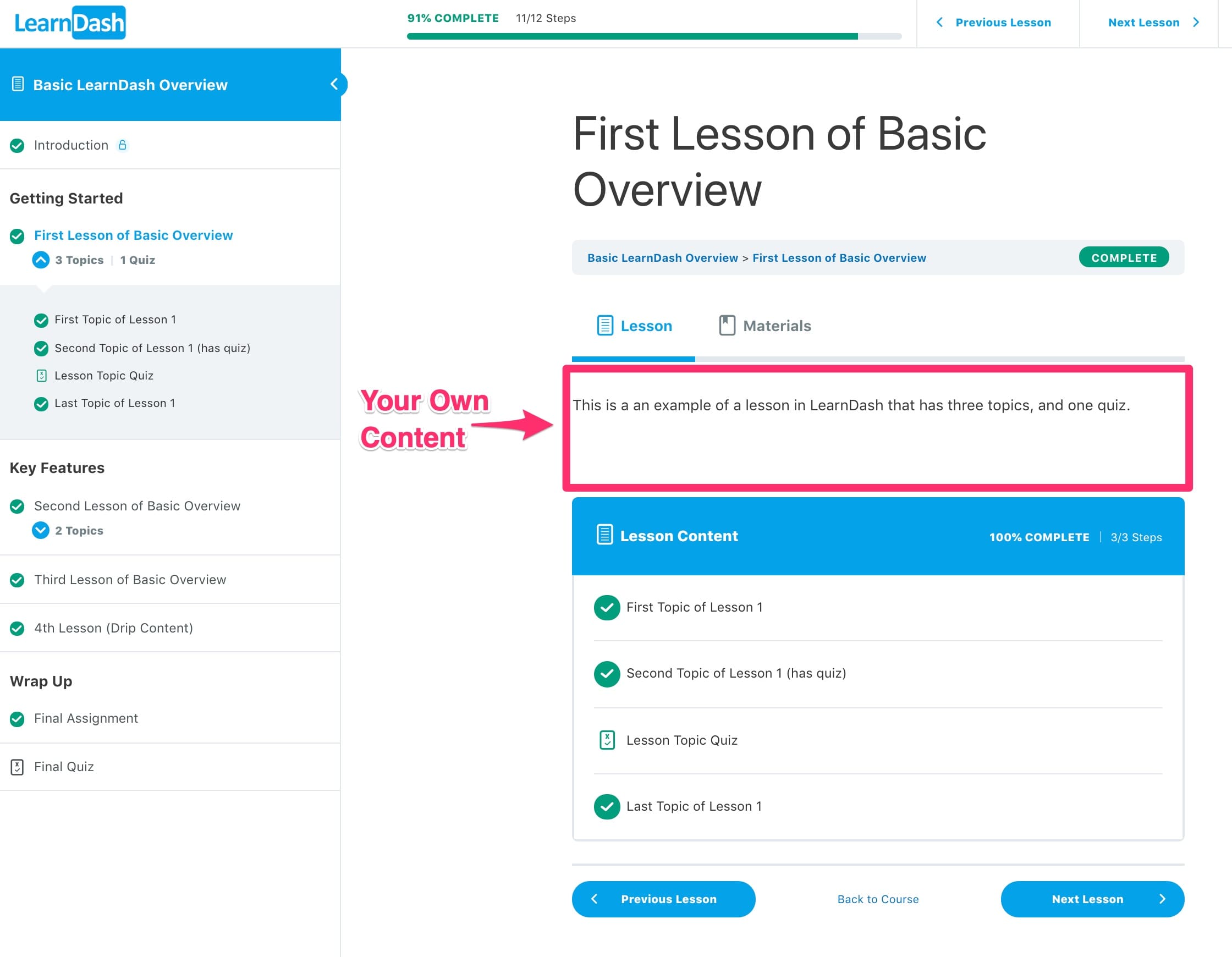Your custom content in LearnDash focus mode