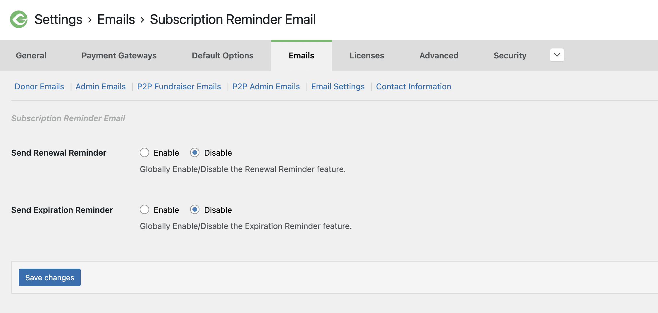 Subscription Reminder Email settings where you can send two types of emails