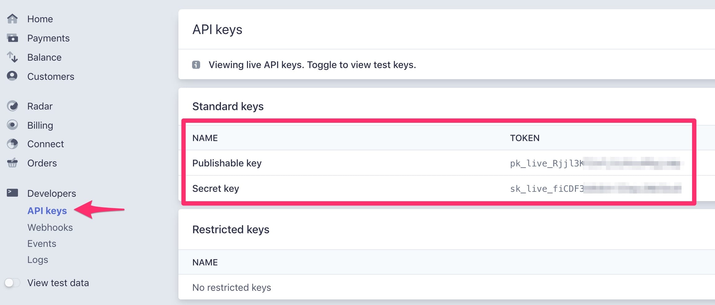 Find Stripe API keys, Live Mode