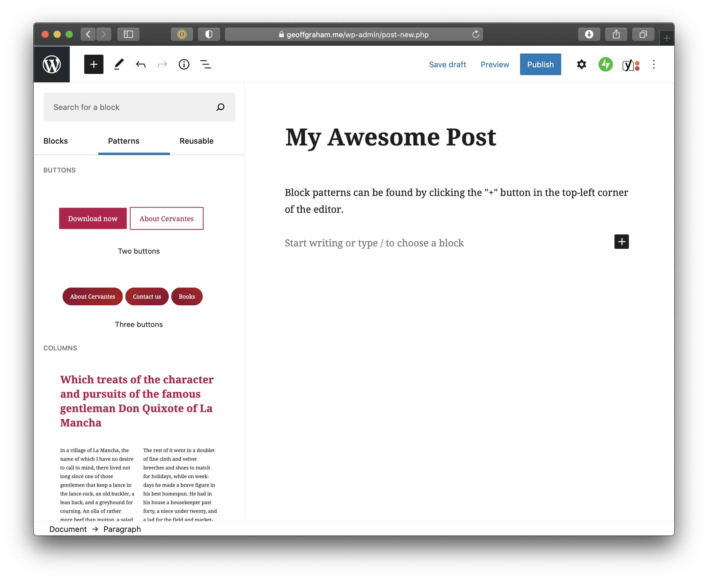 The block menu opened as a sidebar to the left of the content editor with the Patterns tab active. There's a gray search box above the patterns menu. Below the menu are previews of the first couple of patterns, including two buttons, three buttons, and columns.