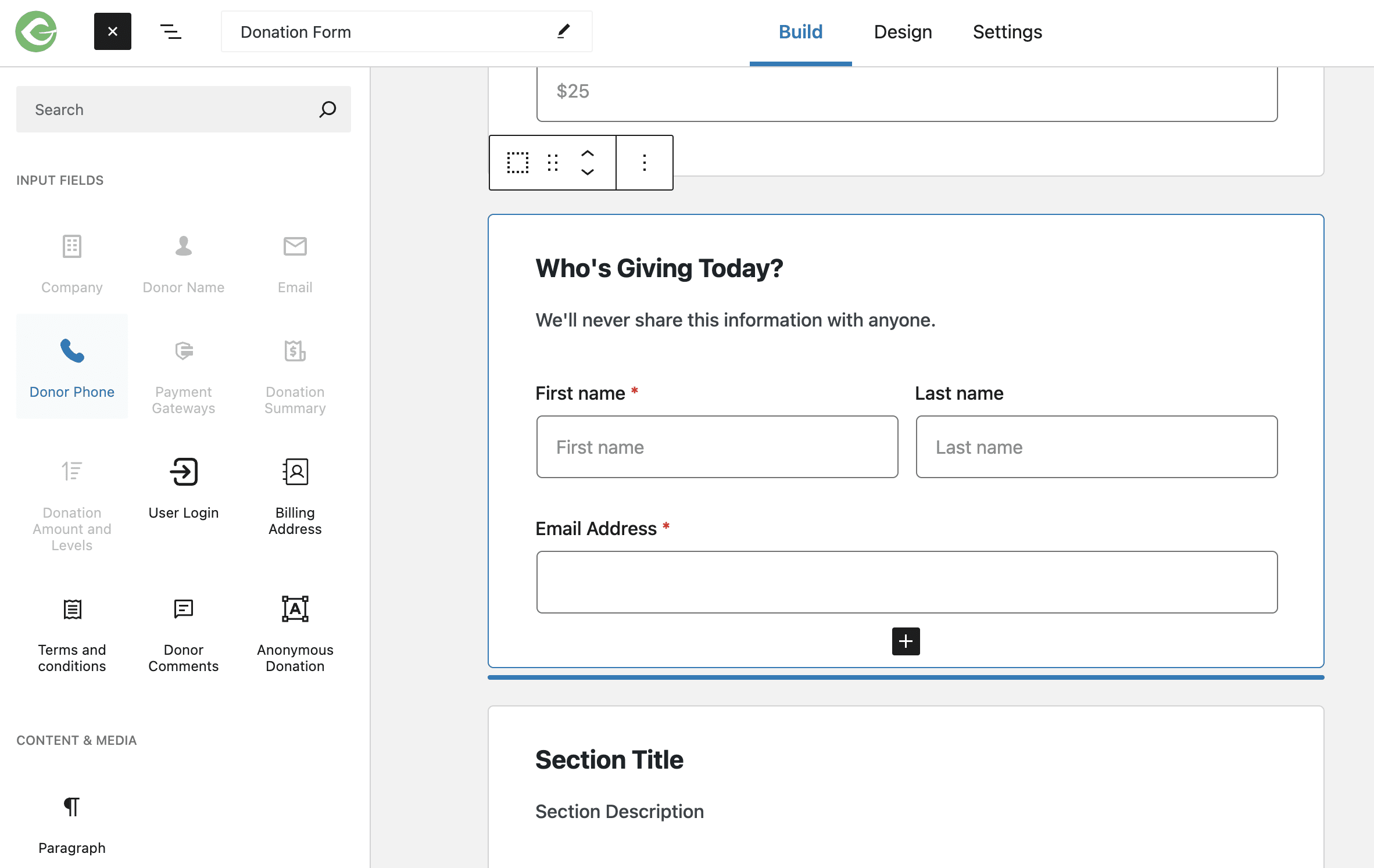 Build screen in the Visual Donation Form Builder showing an example form and field blocks within the menu
