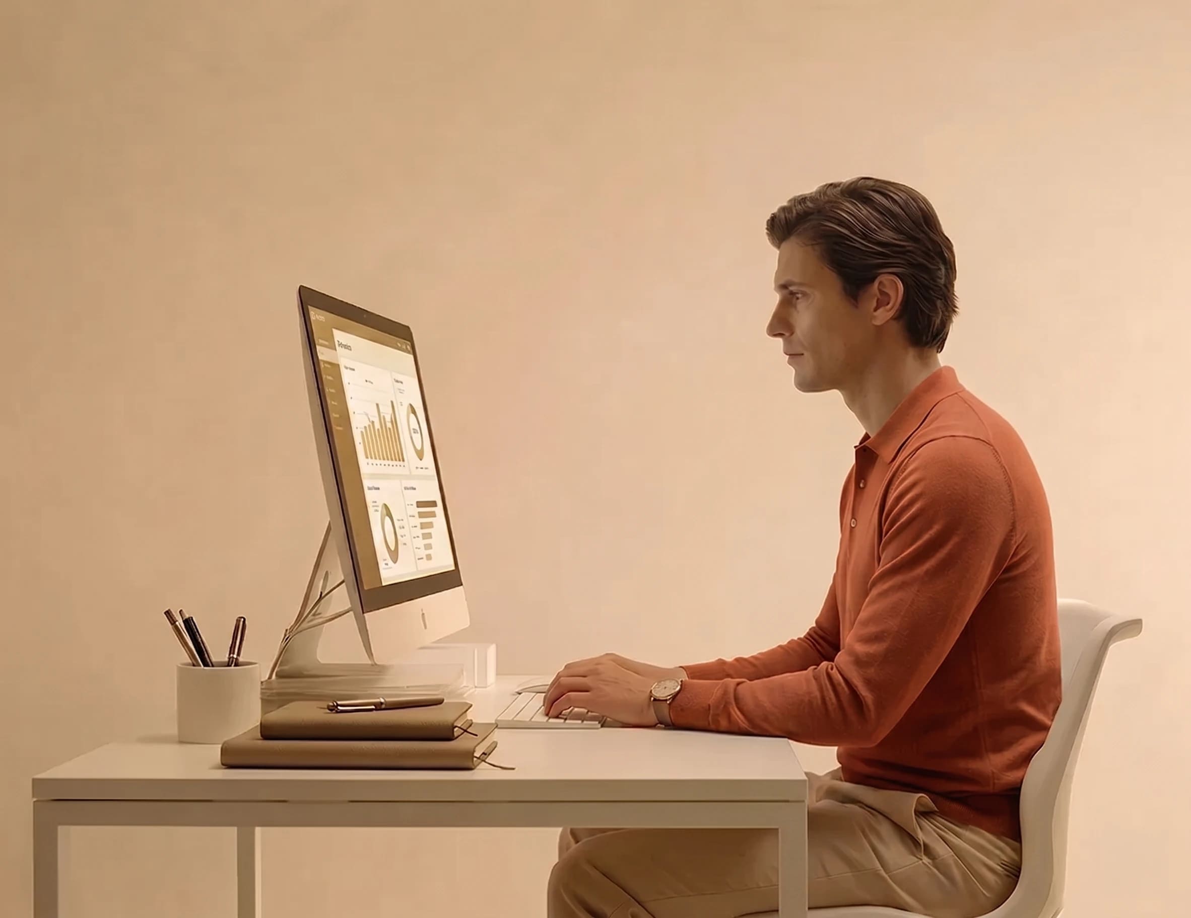 A man sits at a desk and monitors his cloud dedicated server on a large computer monitor.