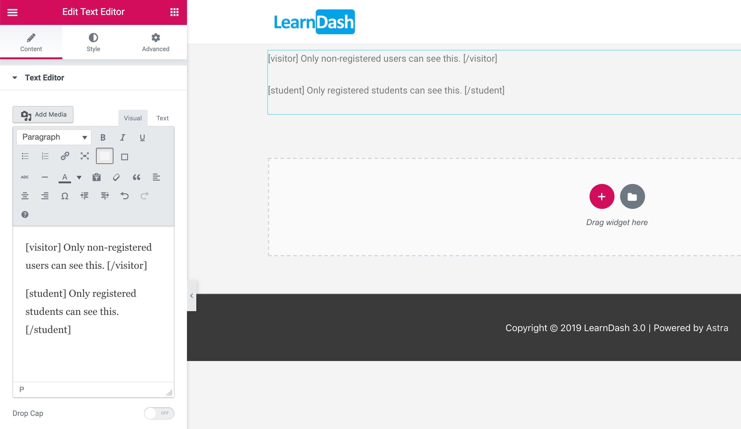 Elementor student/visitor shortcodes example