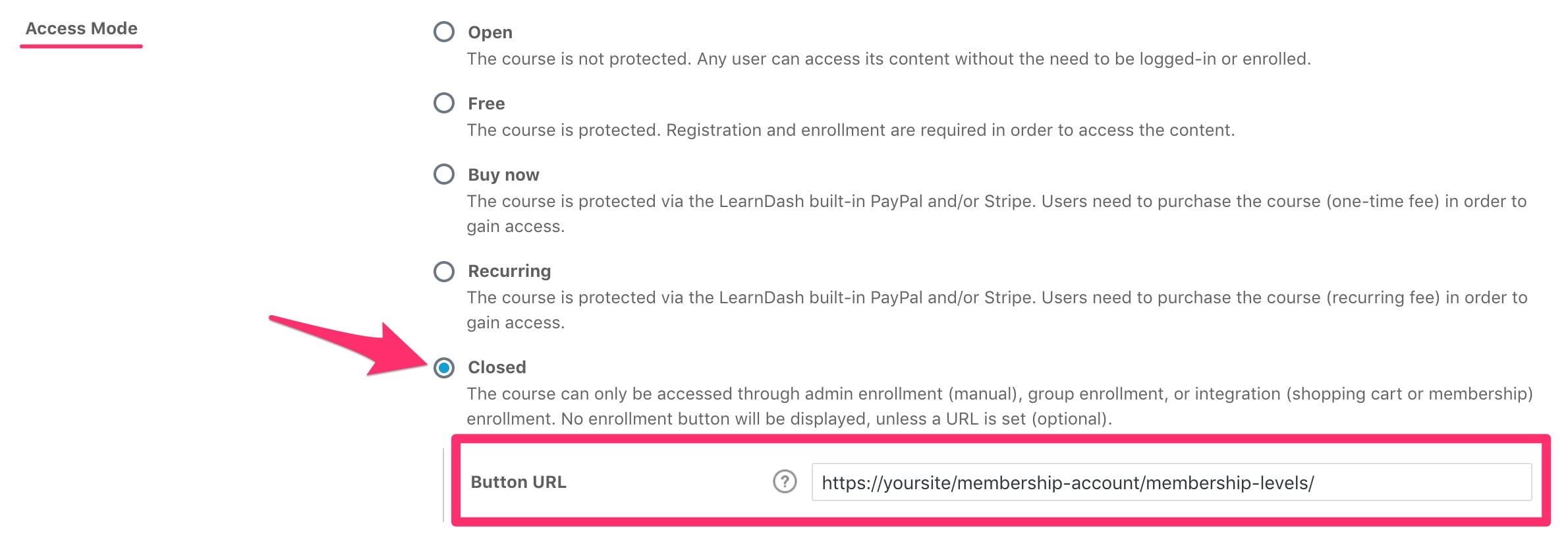 LearnDash closed course button URL for Paid Memberships Pro