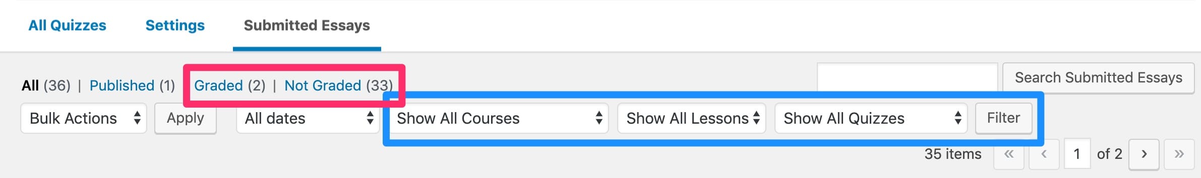 How to filter LearnDash submitted essays