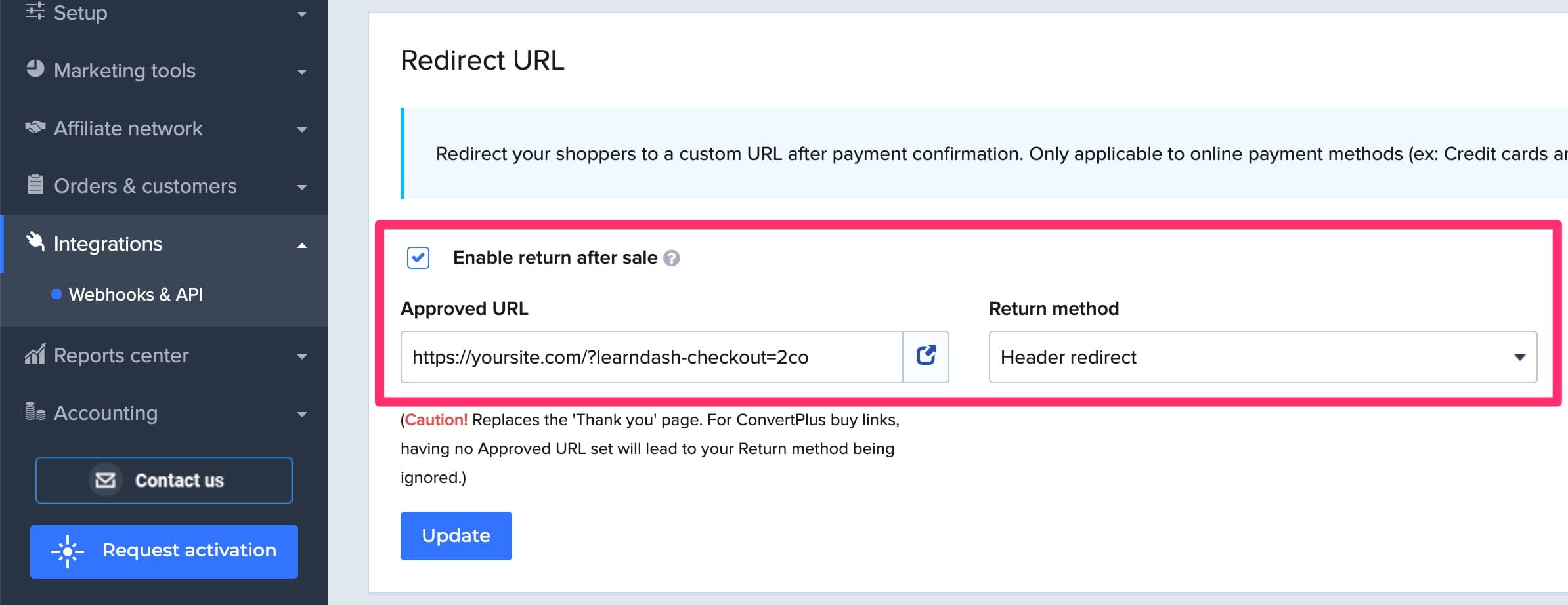 2Checkout URL redirect