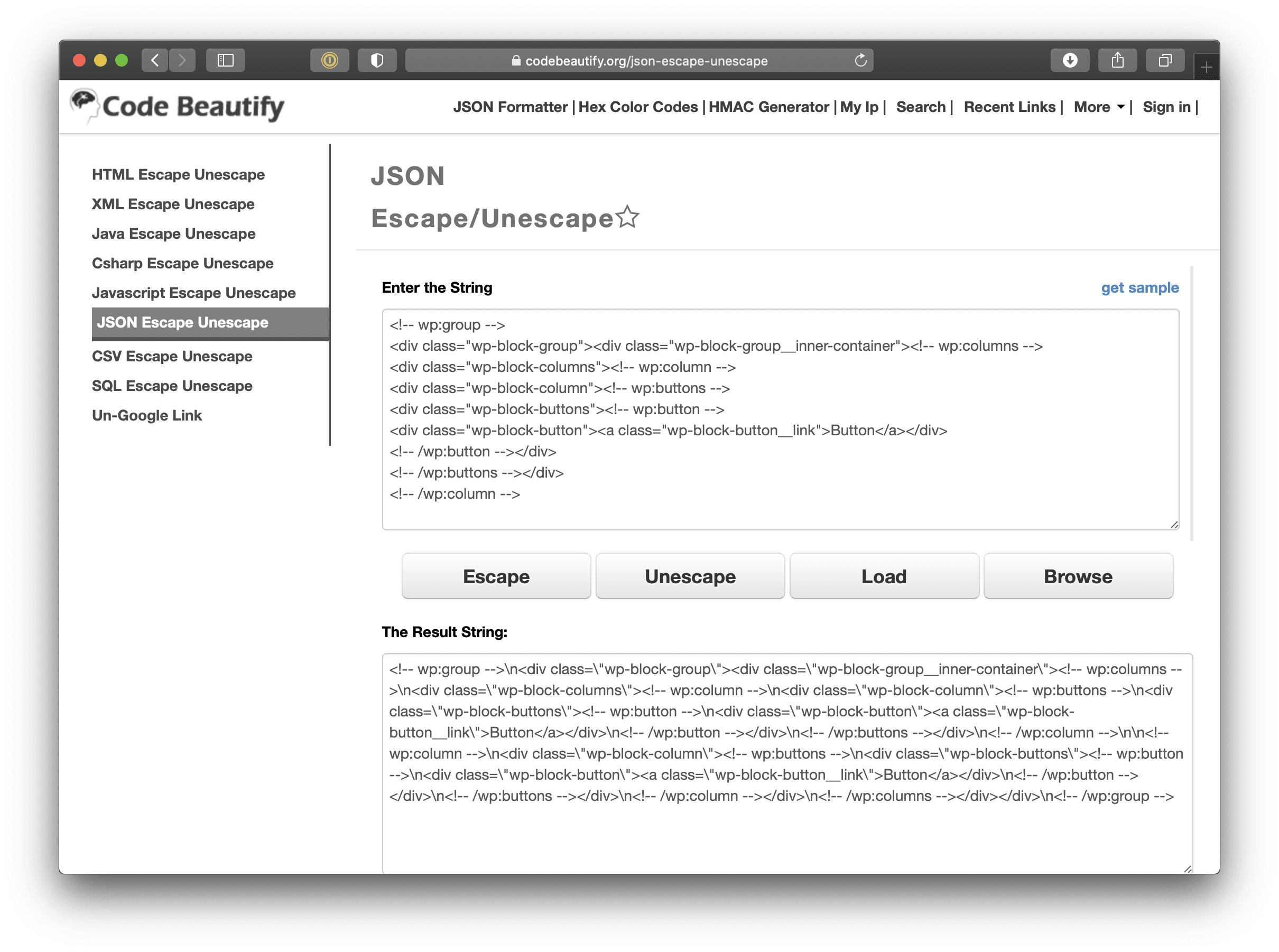 Showing the online tool for escaping code. There is a texture for pasting the code that needs to be escaped above another one containing the generated code.