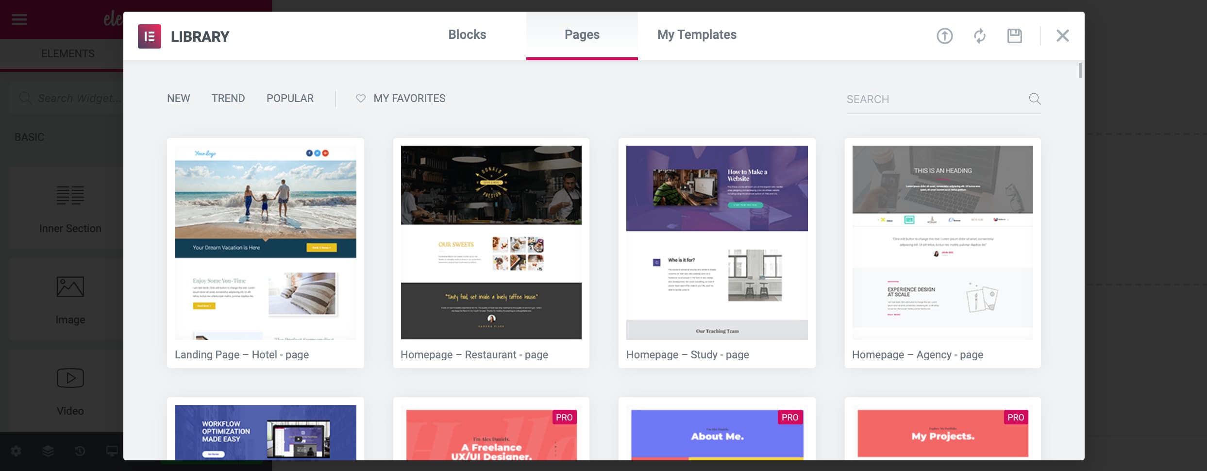 The Elementor Library can be filtered by blocks, pages, and your selected templates. You can also sort by new, trending, and popular.