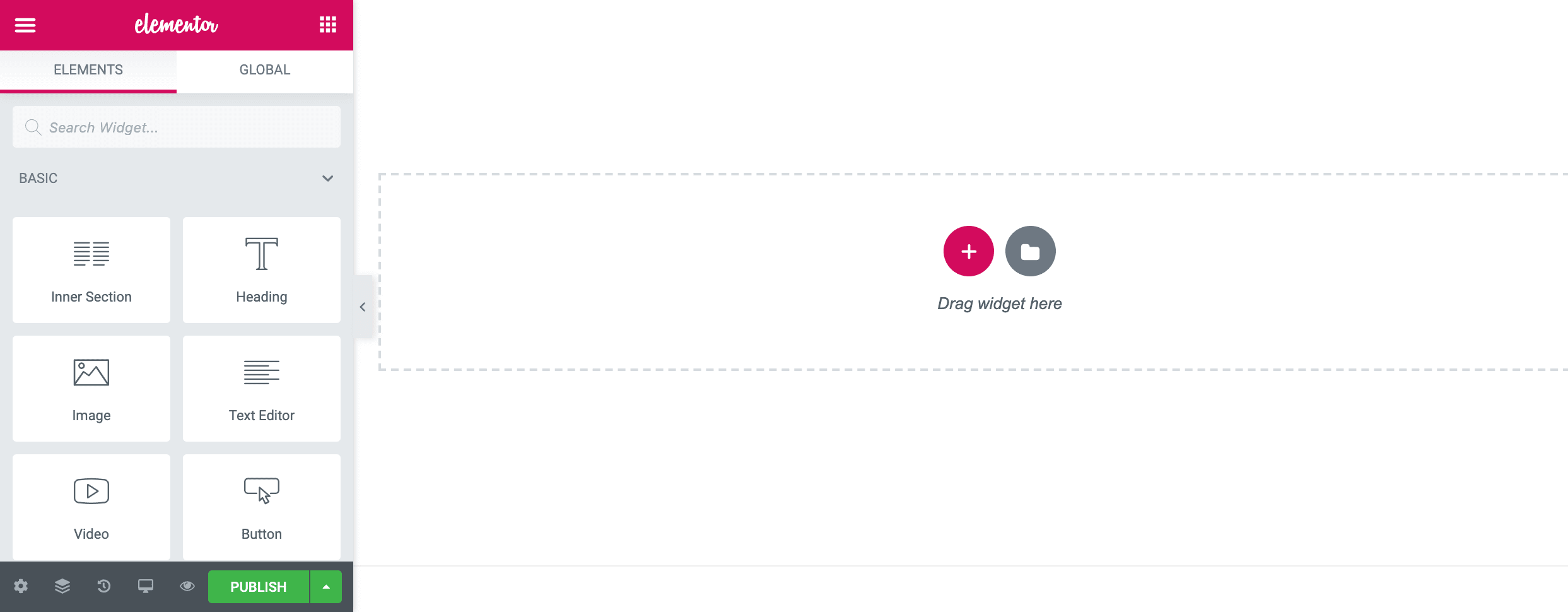 The Elementor editor brings up a different layout than Gutenberg with widget options on the left side of the screen.