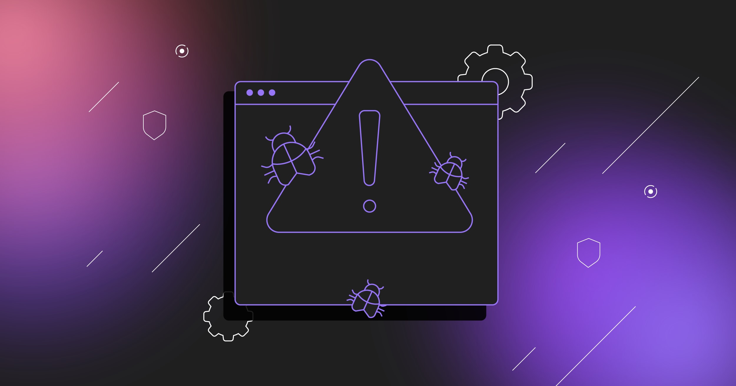 Line illustration showing a black application window on a dark purple gradient background overlaid with a large exclamation point alert icon and three bugs.