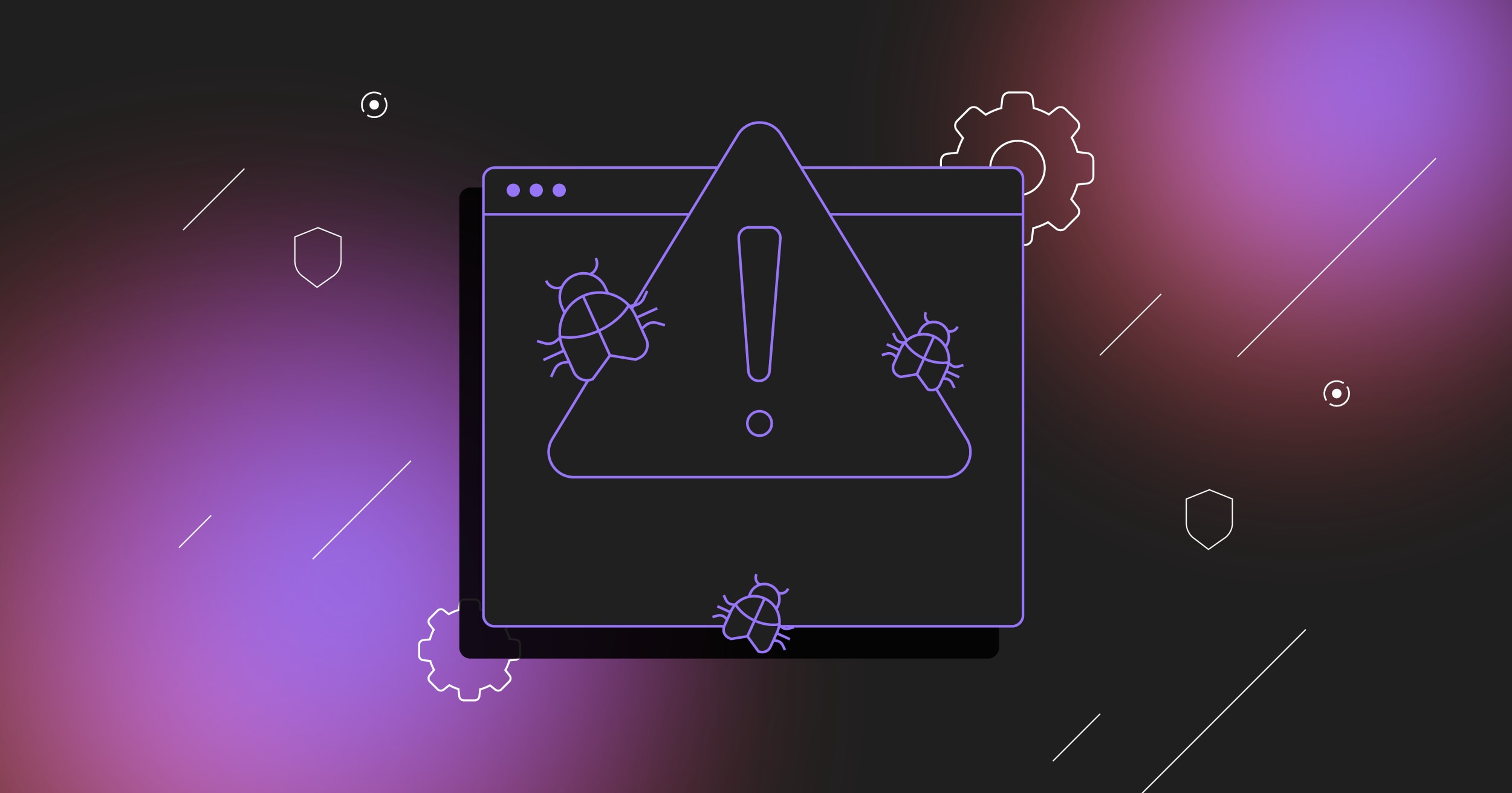Line illustration showing a black application window on a purple gradient background overlaid with a large exclamation point alert icon and three bugs.
