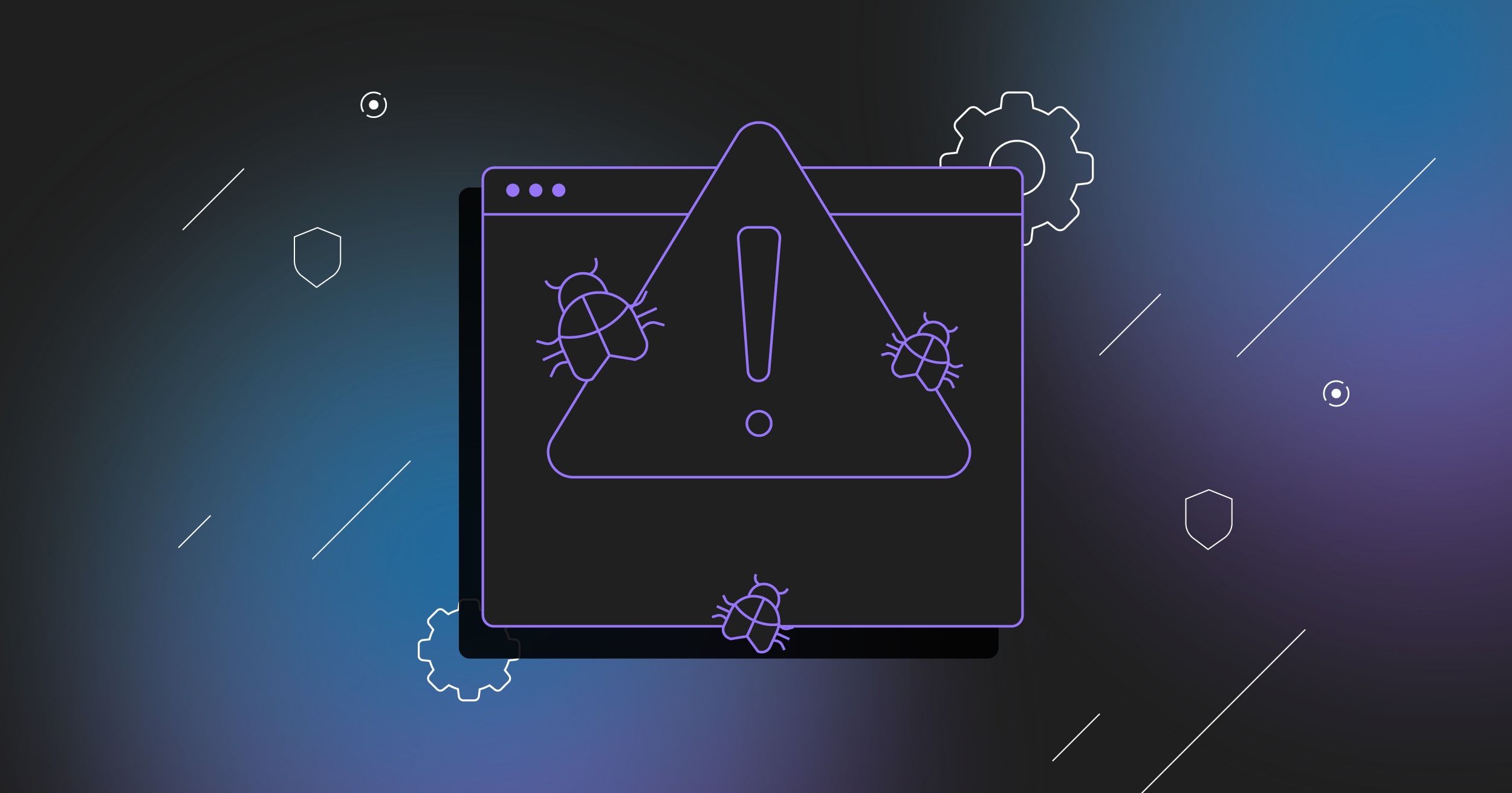 Line illustration showing a black application window on a blue gradient background overlaid with a large exclamation point alert icon and three bugs.