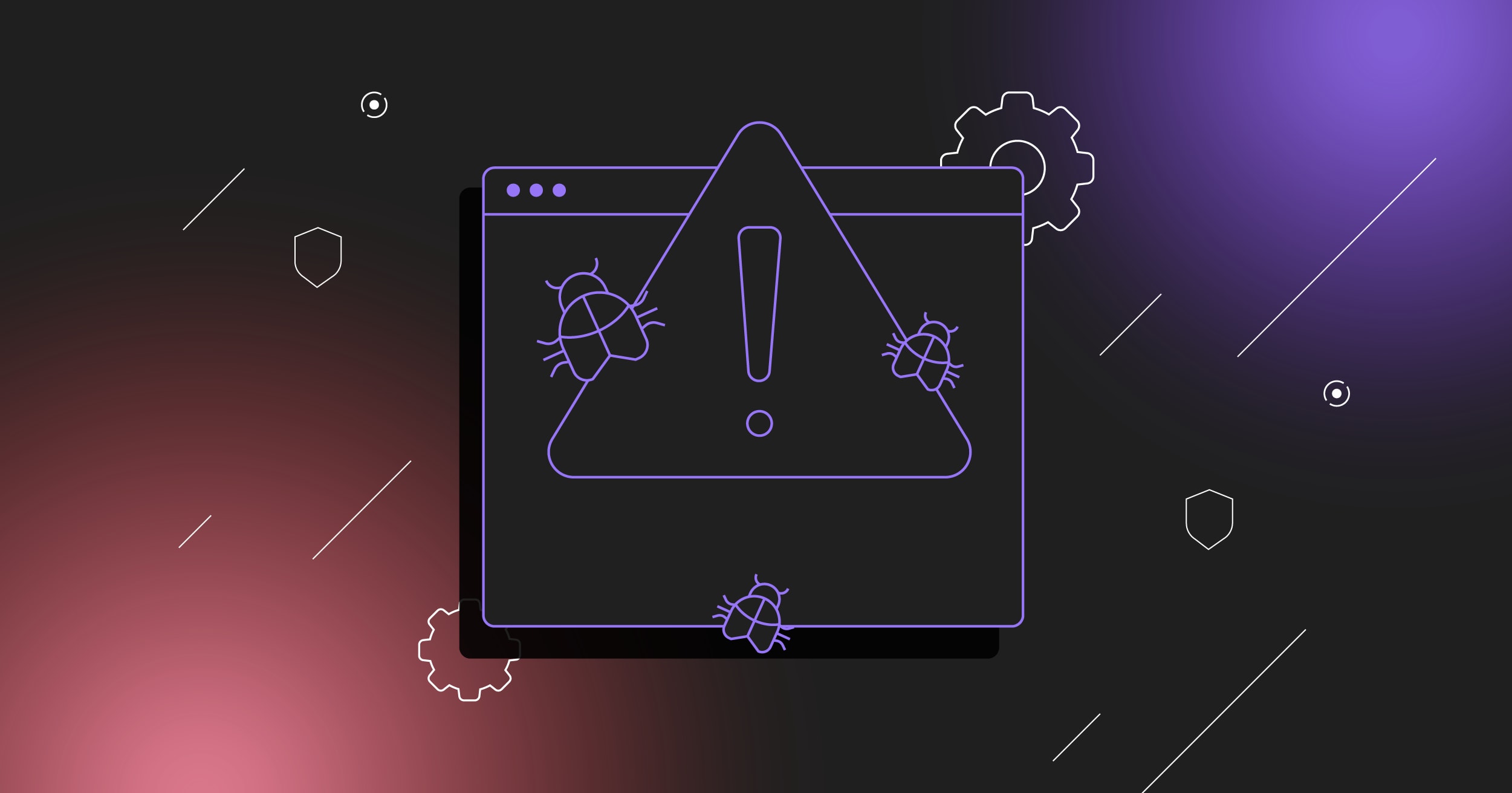 Line illustration showing a black application window on a red gradient background overlaid with a large exclamation point alert icon and three bugs.