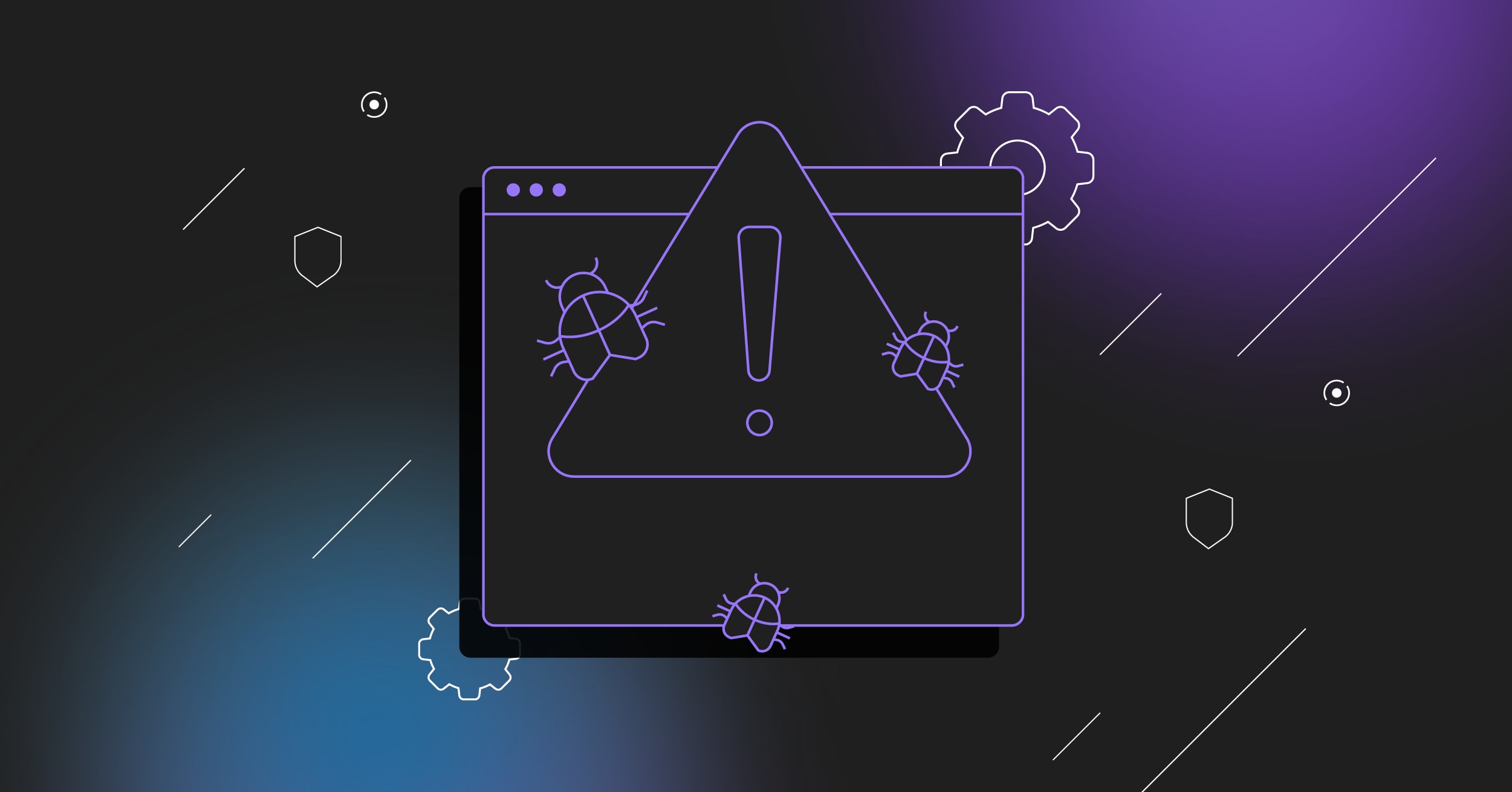 Line illustration showing a black application window on a dark blue gradient background overlaid with a large exclamation point alert icon and three bugs.