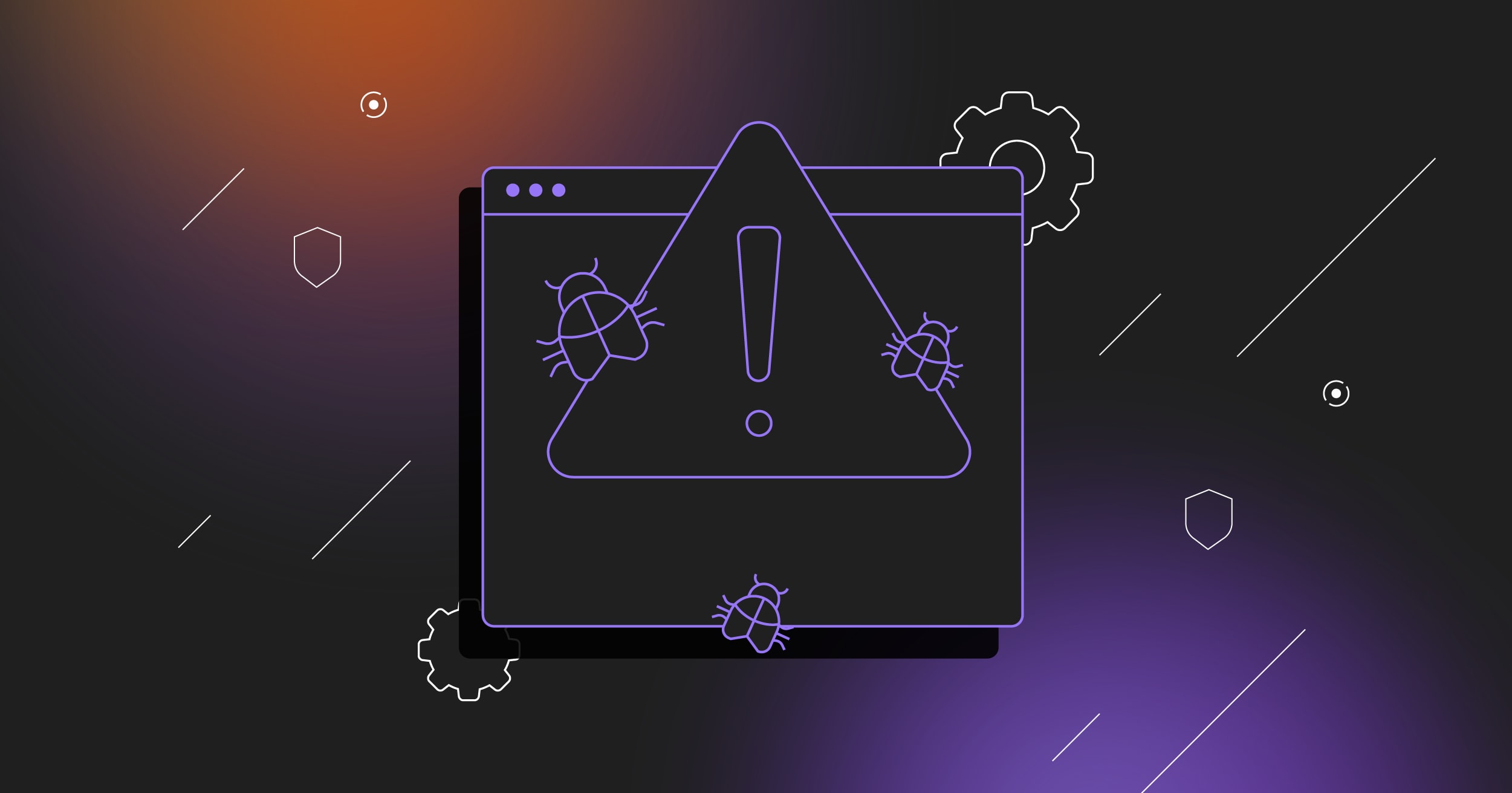 Line illustration showing a black application window on a dark red gradient background overlaid with a large exclamation point alert icon and three bugs.