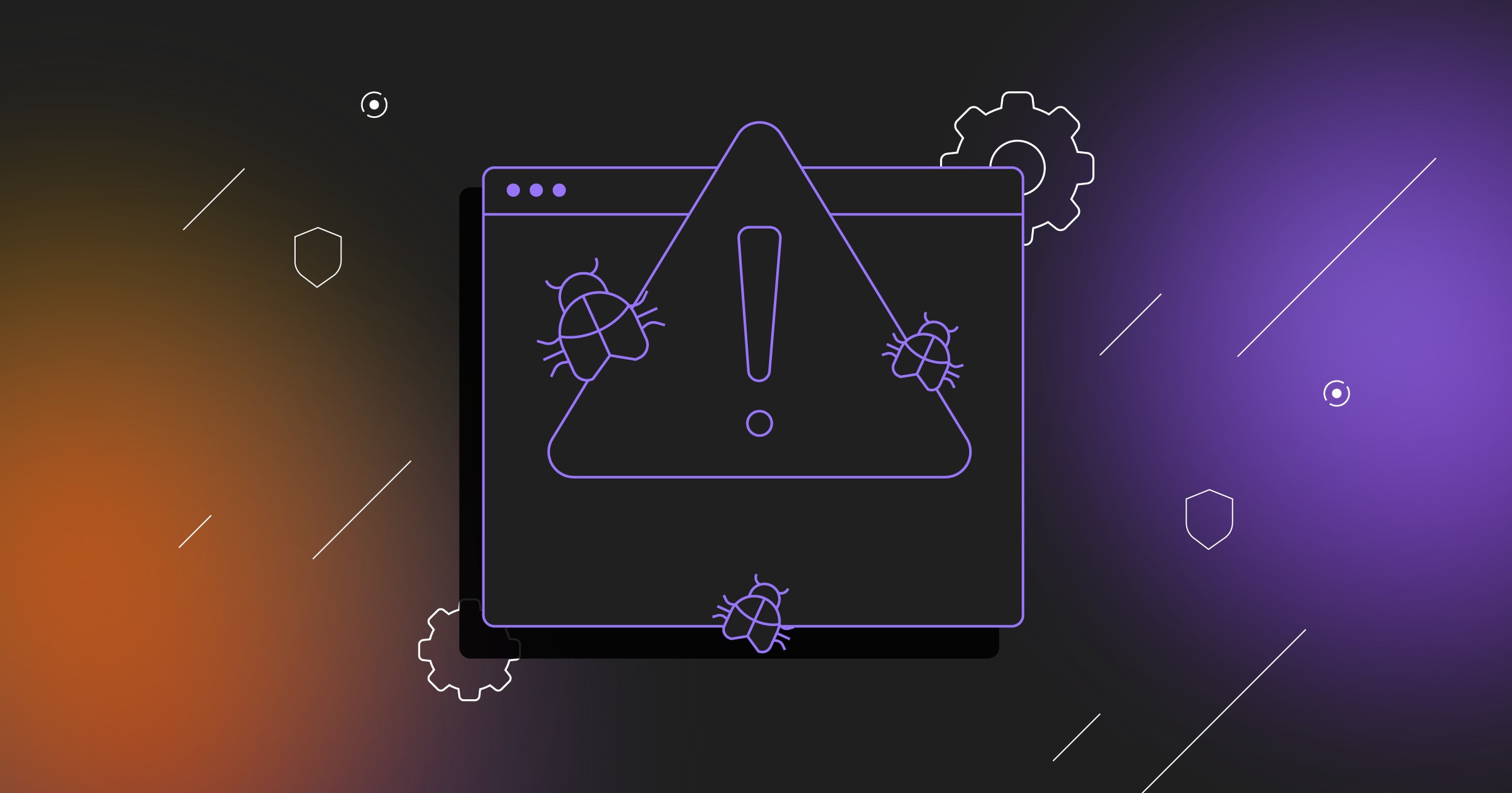 Line illustration showing a black application window on a dark orange to black gradient background overlaid with a large exclamation point alert icon and three bugs.